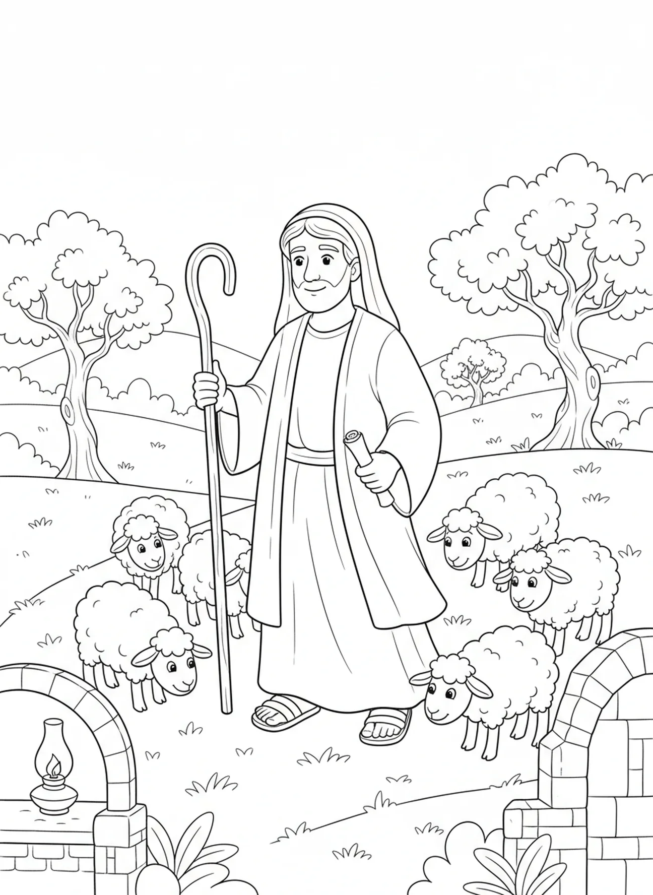 Un berger avec des moutons, Jean 10:10 page à colorier Vie Abondante pour les enfants de l'École du dimanche âgés de 5 à 12 ans.