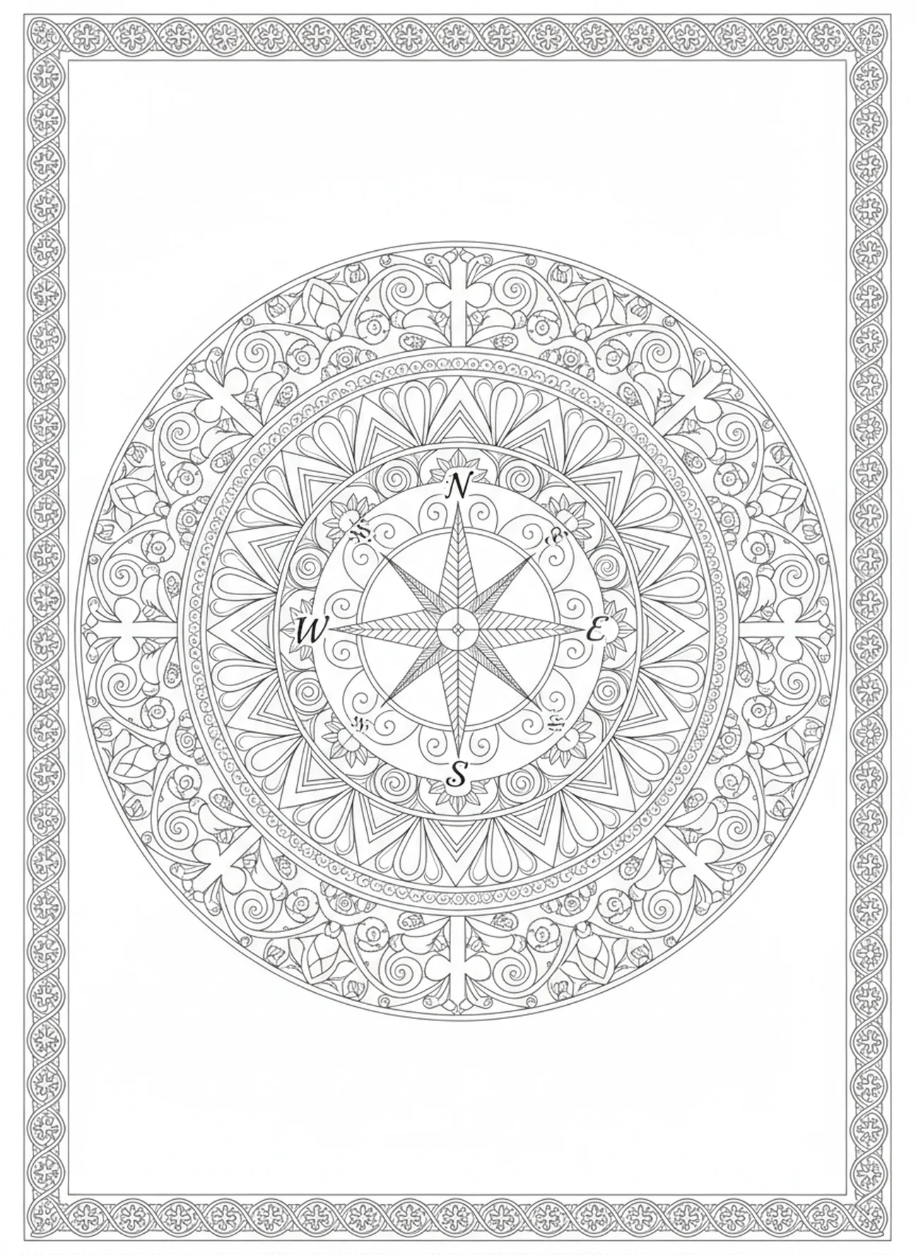 Aufwendige Kompassrose, Johannes 14,1 Lass dein Herz sich nicht ängstigen Ausmalbild für Erwachsene im Bibel-Journaling-Stil