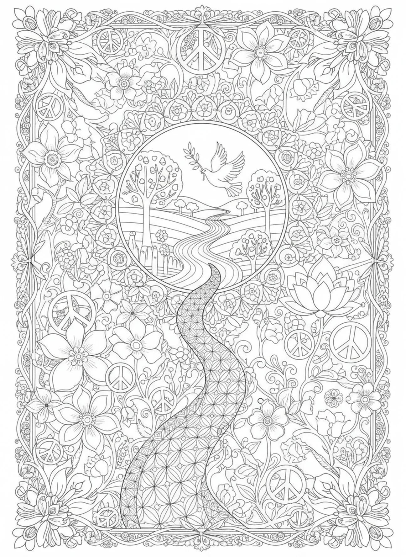 Winding pathway, Johannes 14, 1 Lass dein Herz nicht beunruhigt sein Ausmalbild für Erwachsene im Bibel-Journaling-Stil