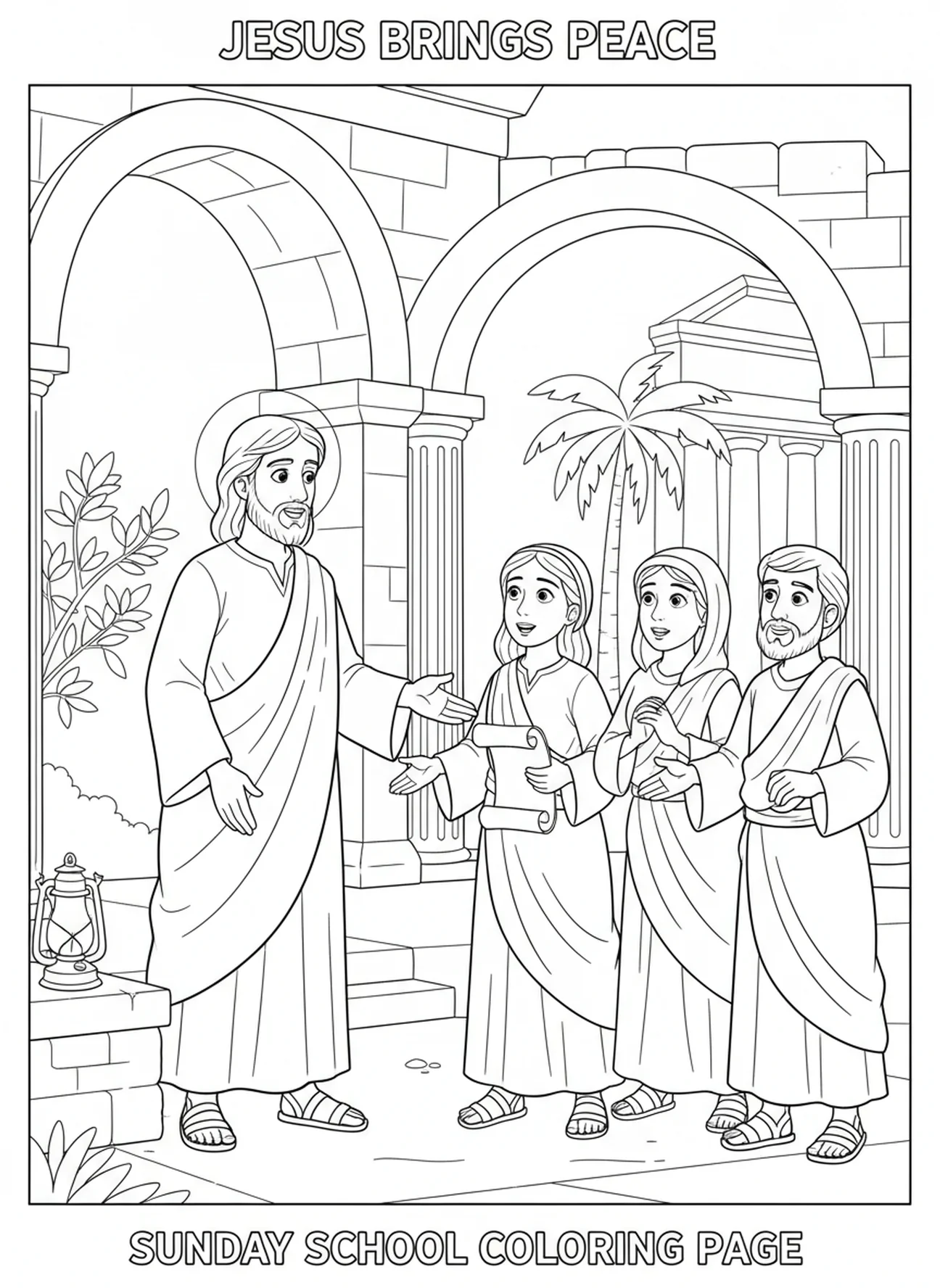 Mots réconfortants de Jésus, Jean 14:1 Ne laissez pas votre cœur s'inquiéter page à colorier pour les enfants de l'École du dimanche âgés de 5 à 12 ans.