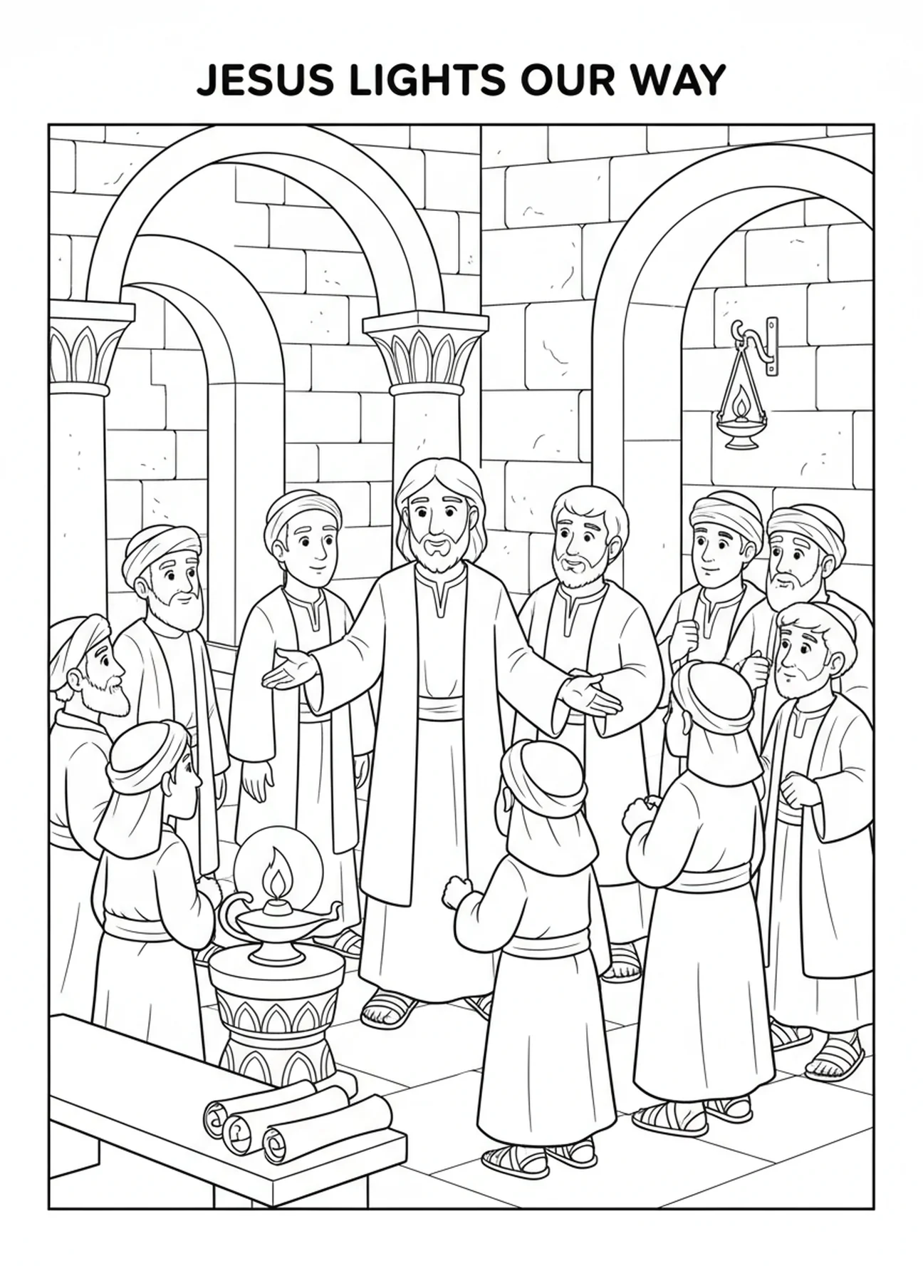 Disciples rassemblés autour de Jésus, Jean 14:1 Ne laissez pas votre cœur être troublé page à colorier pour les enfants de l'École du dimanche âgés de 5 à 12 ans.