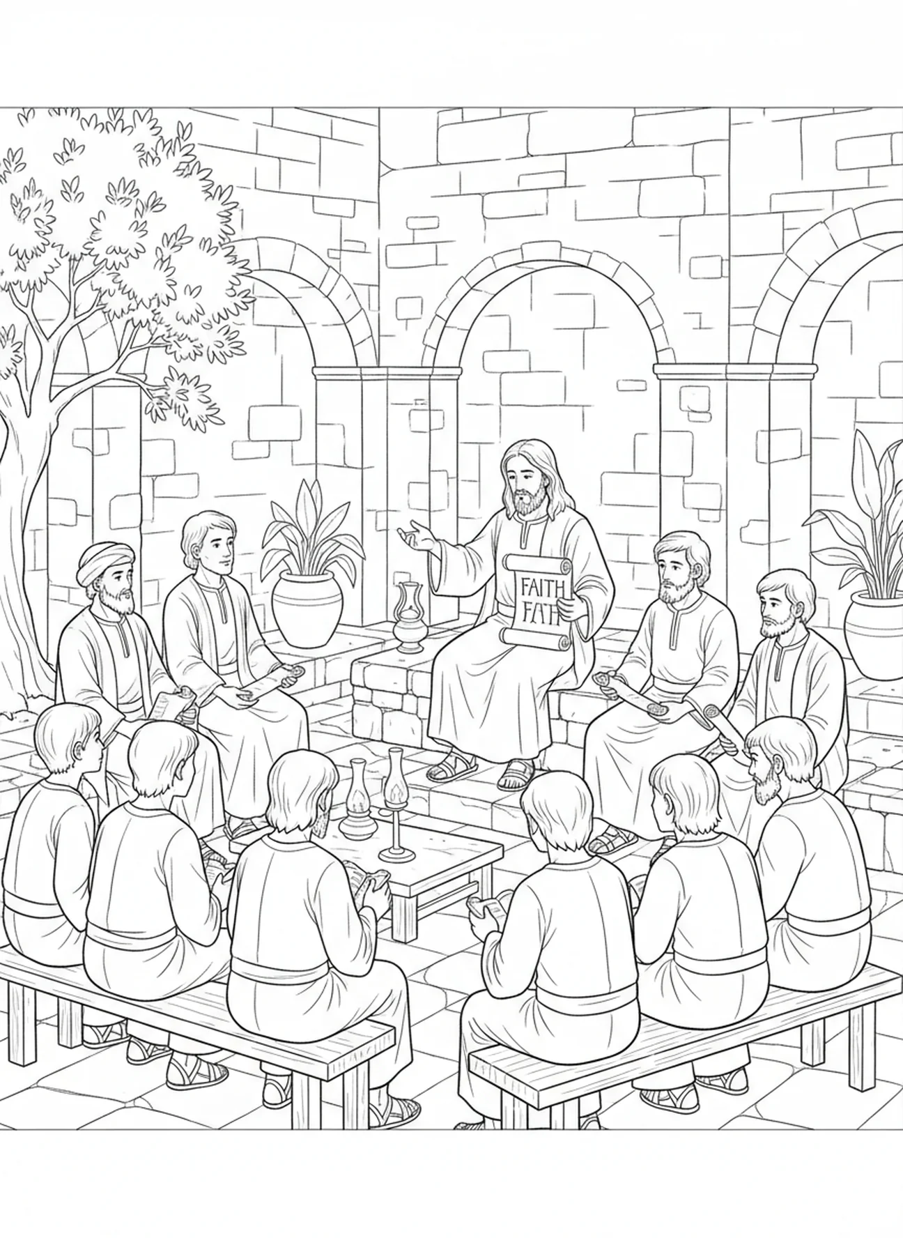 Disciples écoutant Jésus, Jean 14:1 Ne laissez pas votre cœur se troubler page à colorier pour l'École du dimanche enfants de 5 à 12 ans.