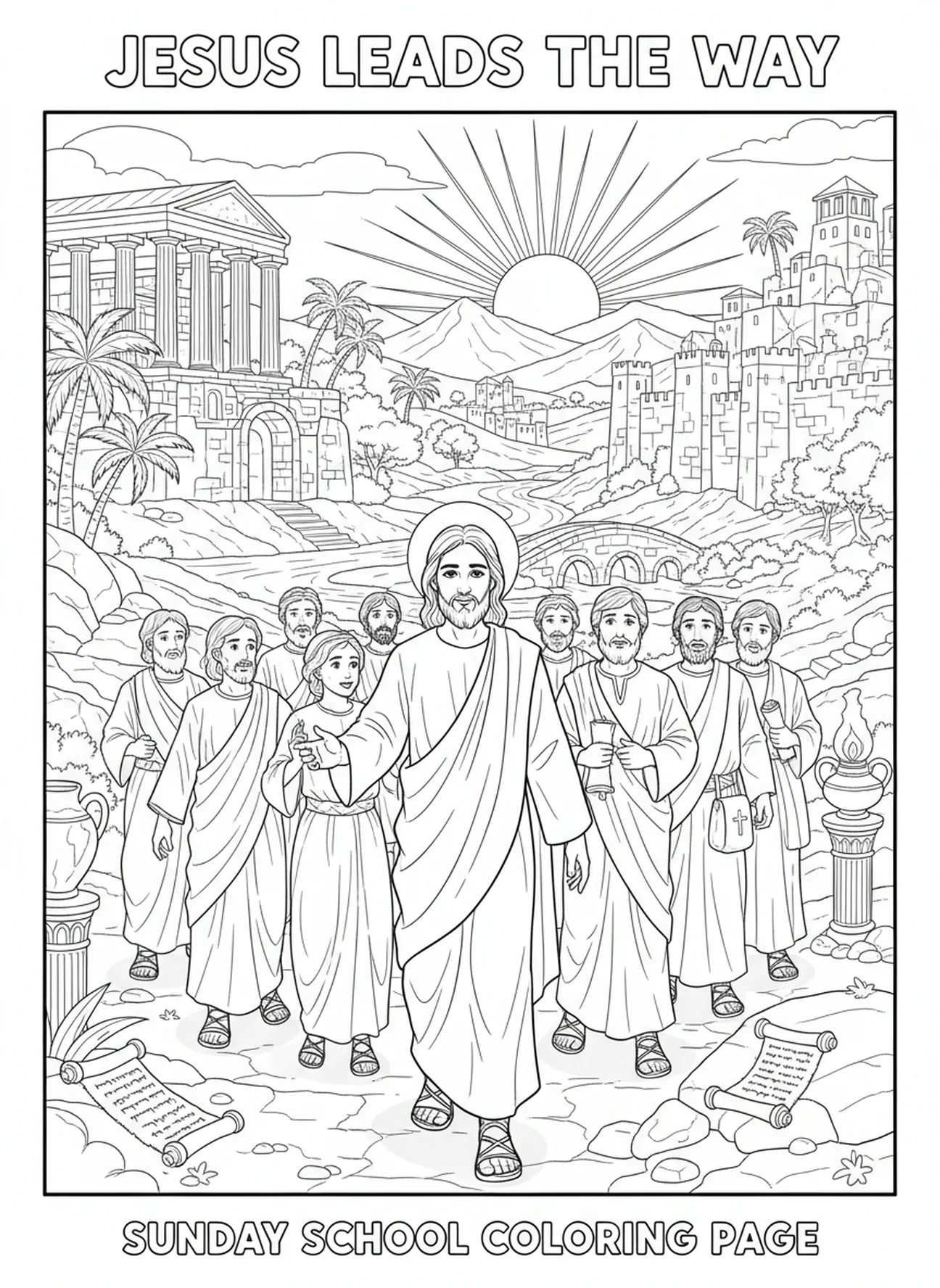 Jésus guide ses disciples, Jean 14:1 Ne laissez pas votre cœur être troublé page à colorier pour les enfants de l'École du dimanche âgés de 5 à 12 ans.
