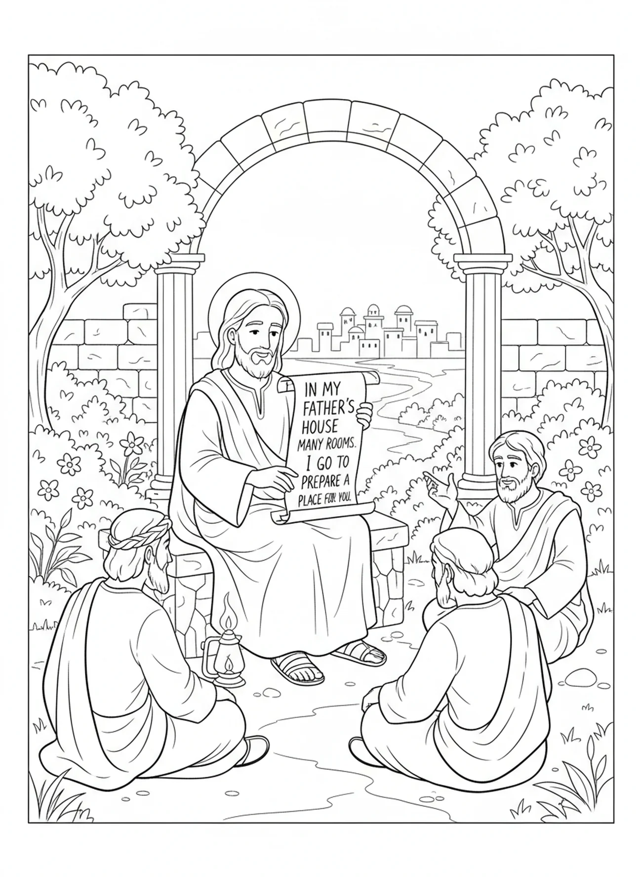 Jésus promettant le ciel, Jean 14:1 Ne laissez pas votre cœur être troublé page à colorier pour les enfants de catéchisme âgés de 5 à 12 ans.