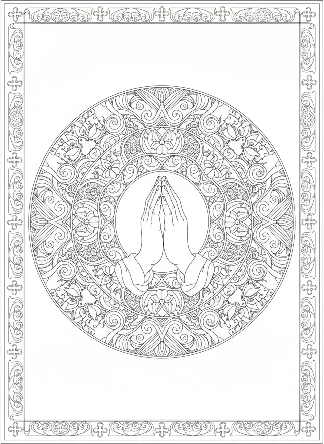 Manos en posición de oración, Juan 14:27 Mi Paz página para colorear estilo journaling bíblico para adultos.