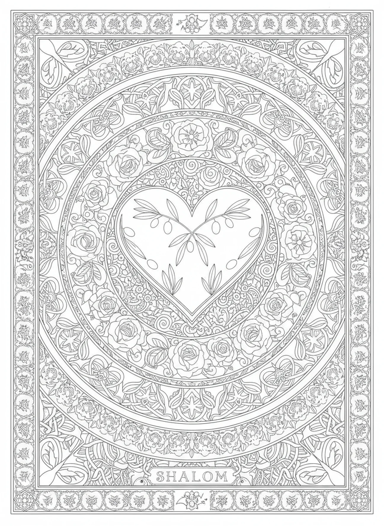 Gran corazón con ramas de olivo, Juan 14:27 Mi Paz página para colorear estilo journaling bíblico para adultos.