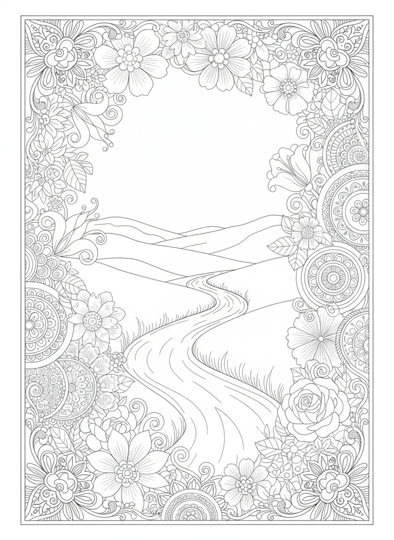 Paisaje sereno con río fluido, Juan 14:27 Mi Paz página para colorear para adultos estilo de journaling bíblico.
