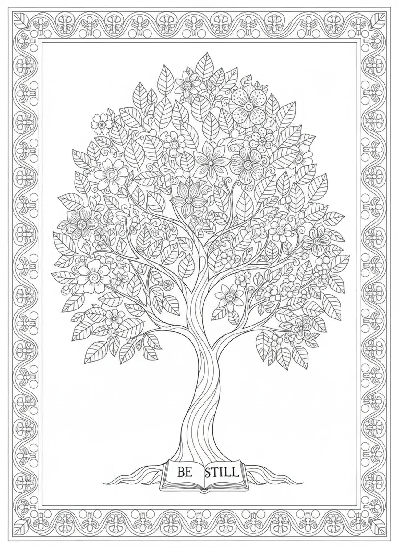 Árbol tranquilo con hojas intrincadas, Juan 14:27 Mi Paz página para colorear estilo journaling bíblico para adultos.