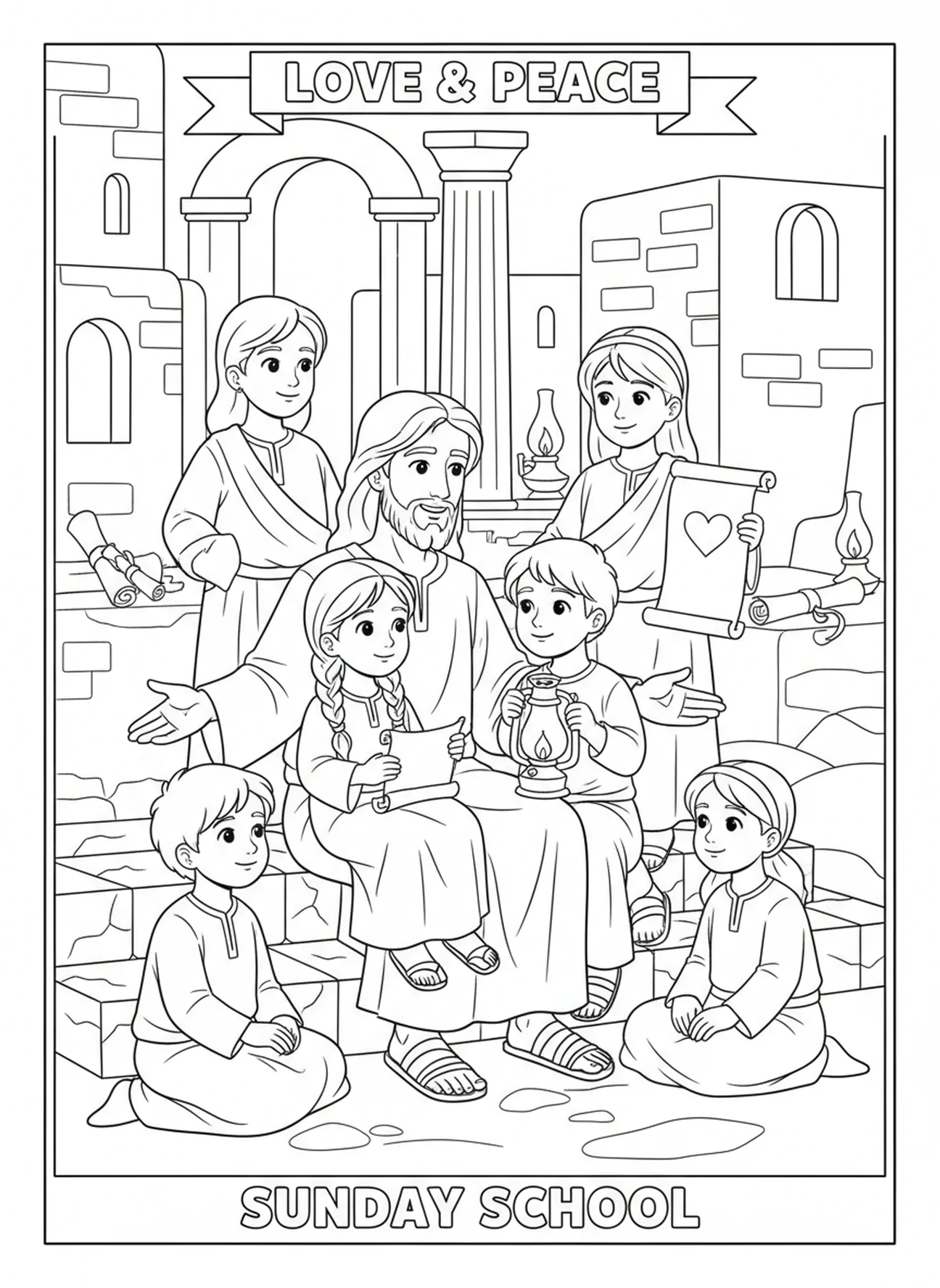 Jesús rodeado de niños, Juan 14:27 Mi Paz página para colorear para la Escuela Dominical de niños de 5 a 12 años