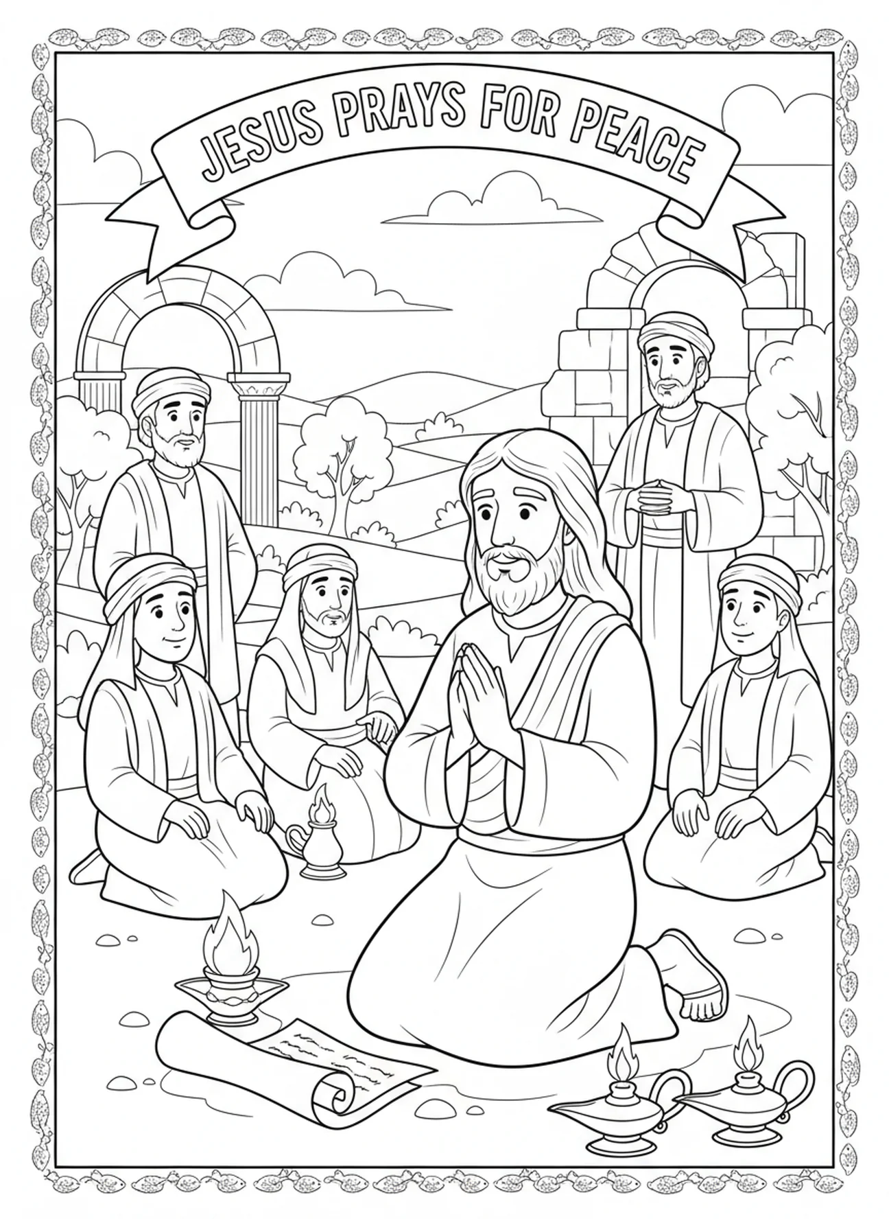 Jesús orando por la paz, Juan 14:27 Mi Paz página para colorear para niños de la Escuela Dominical de 5 a 12 años