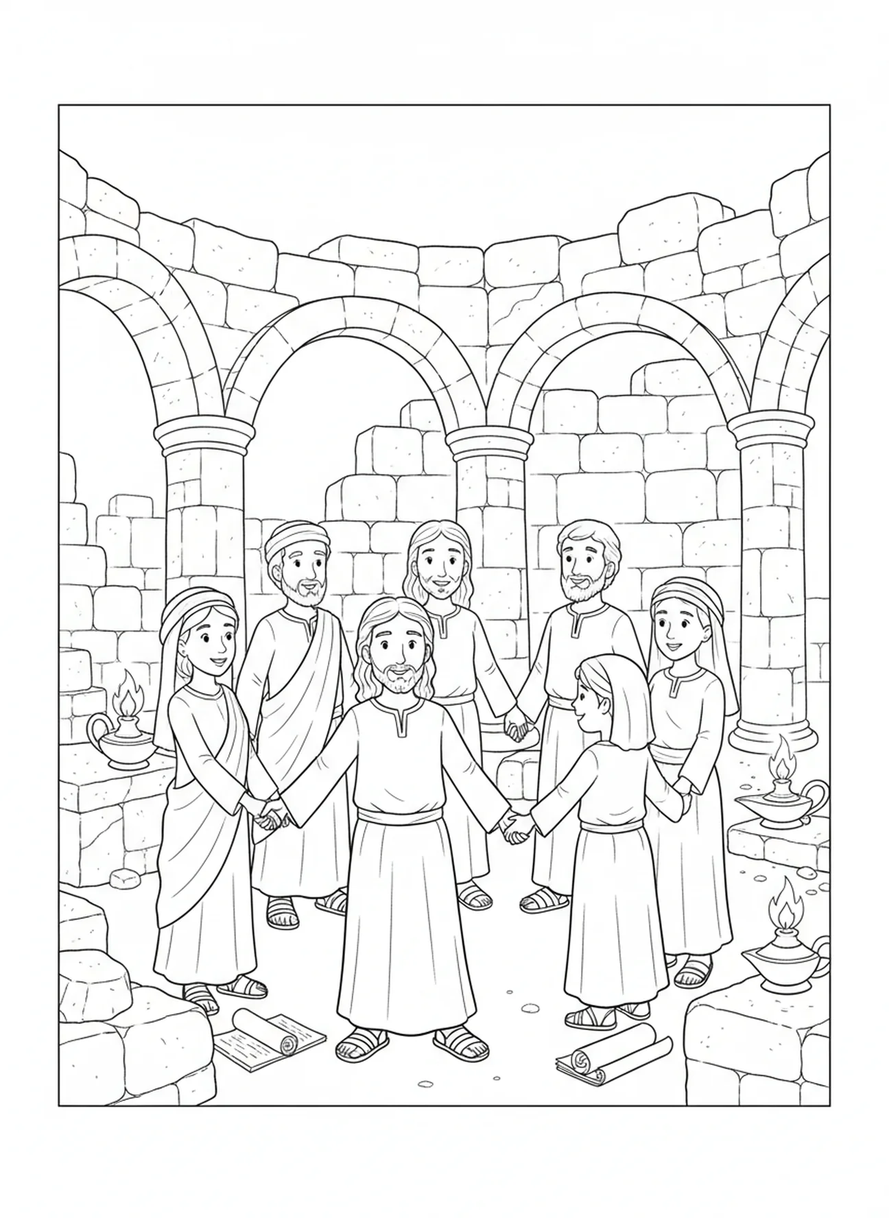 Jesús compartiendo paz con amigos, Juan 14:27 Página para colorear de Mi Paz para niños de Escuela Dominical de 5 a 12 años
