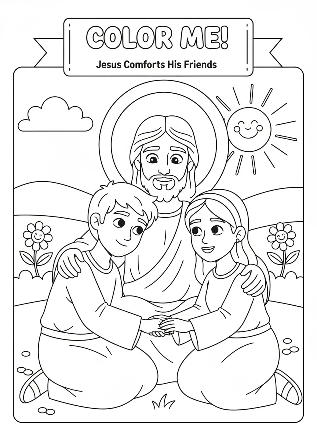 Jesus tröstet seine Jünger, Johannes 14,6 Malvorlage für Kinder im Alter von 5-10 Jahren