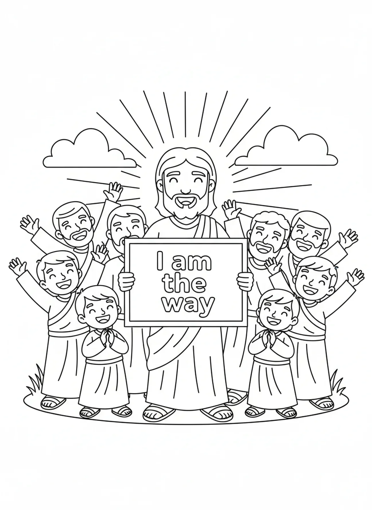 Jesus hält ein Schild mit der Aufschrift 'Ich bin der Weg', Johannes 14,6 Ausmalbild für Kinder im Alter von 5-10 Jahren