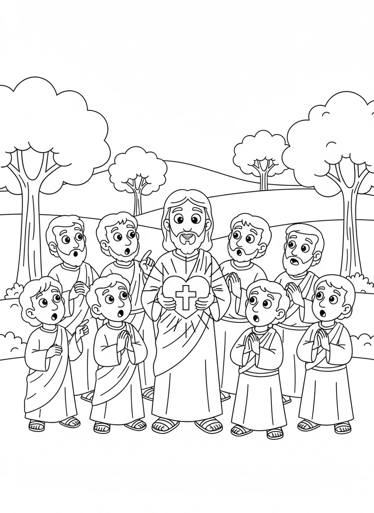 Jesus mit leuchtendem Herzsymbol, Johannes 14,6 Malvorlage für Kinder im Alter von 5-10 Jahren