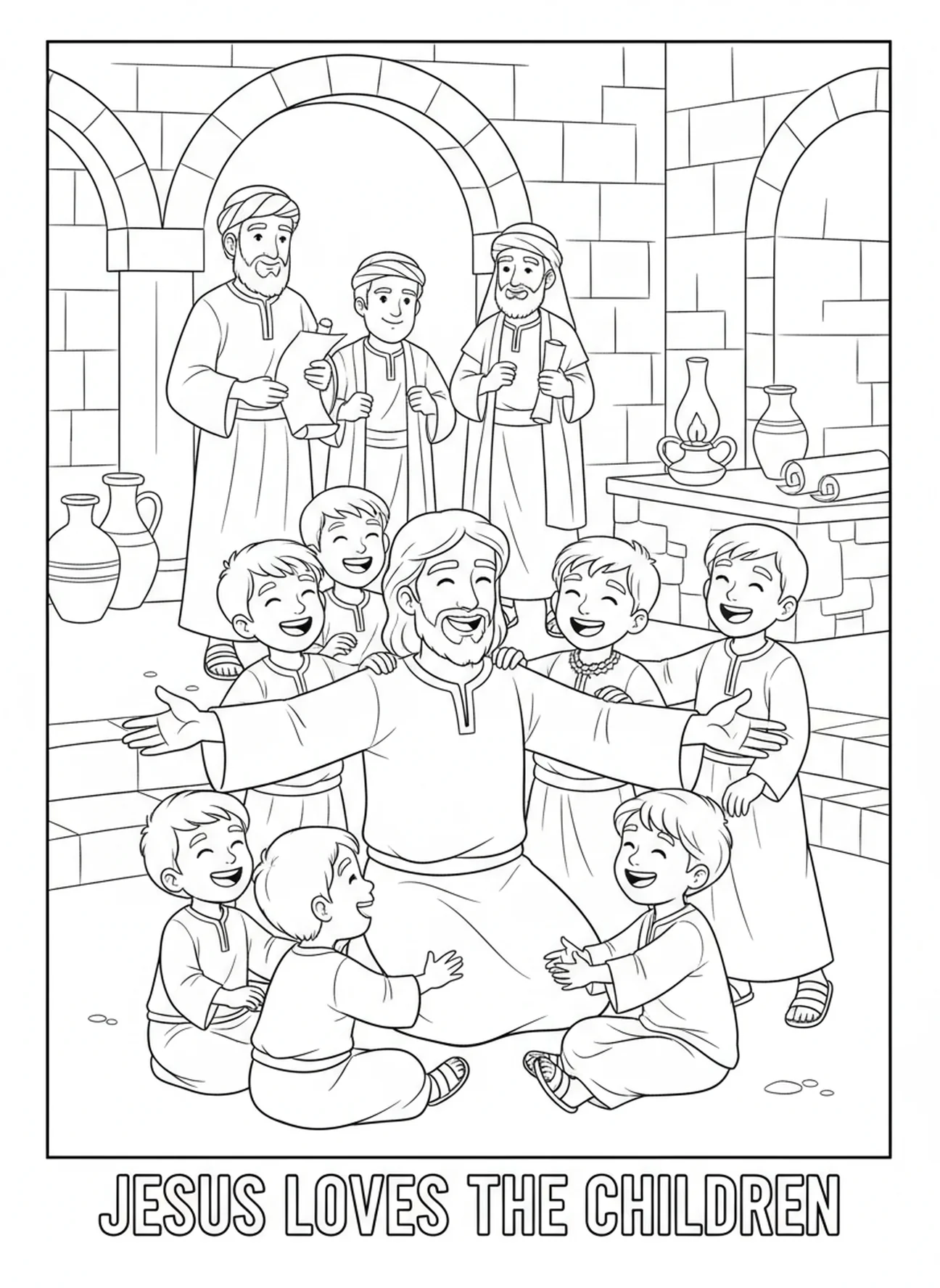 Jésus avec des enfants, page à colorier Jean 15:13 pour les enfants de l'École du dimanche âgés de 5 à 12 ans