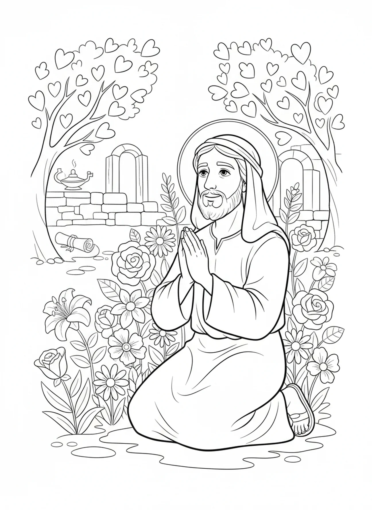 Jésus en prière, page à colorier Jean 15:13 pour les enfants de l'École du dimanche âgés de 5 à 12 ans