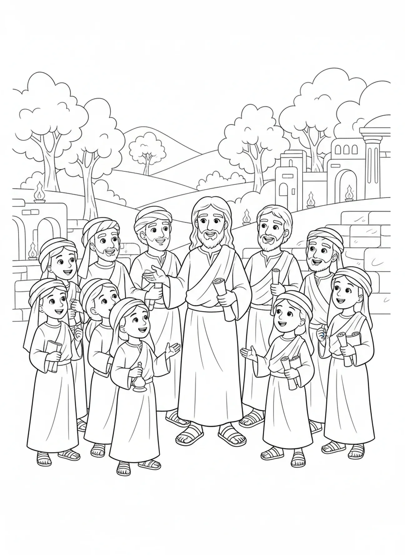 Disciples partageant la joie, page à colorier Jean 15:13 pour les enfants de l'École du dimanche âgés de 5 à 12 ans
