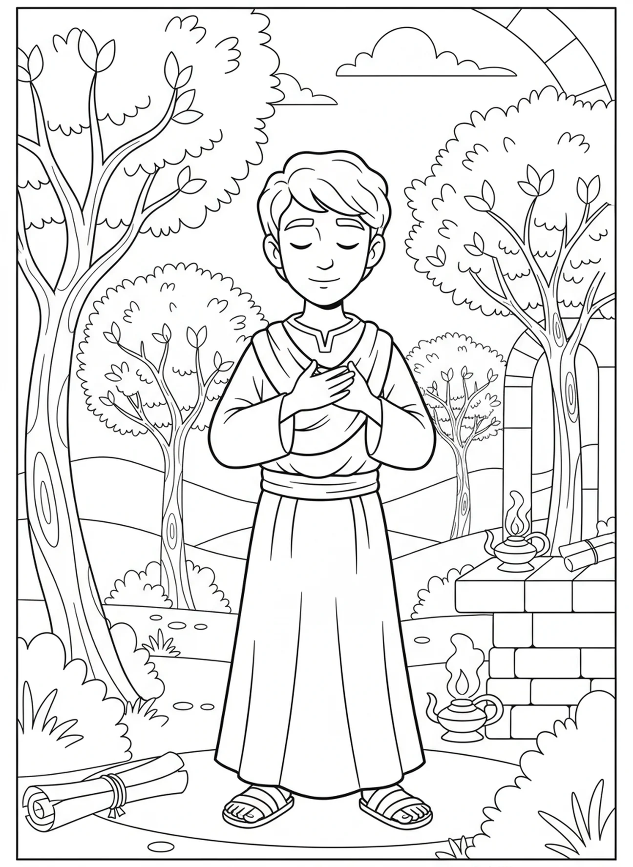 Disciple en réflexion, page à colorier Jean 15:13 pour les enfants de l'École du dimanche âgés de 5 à 12 ans