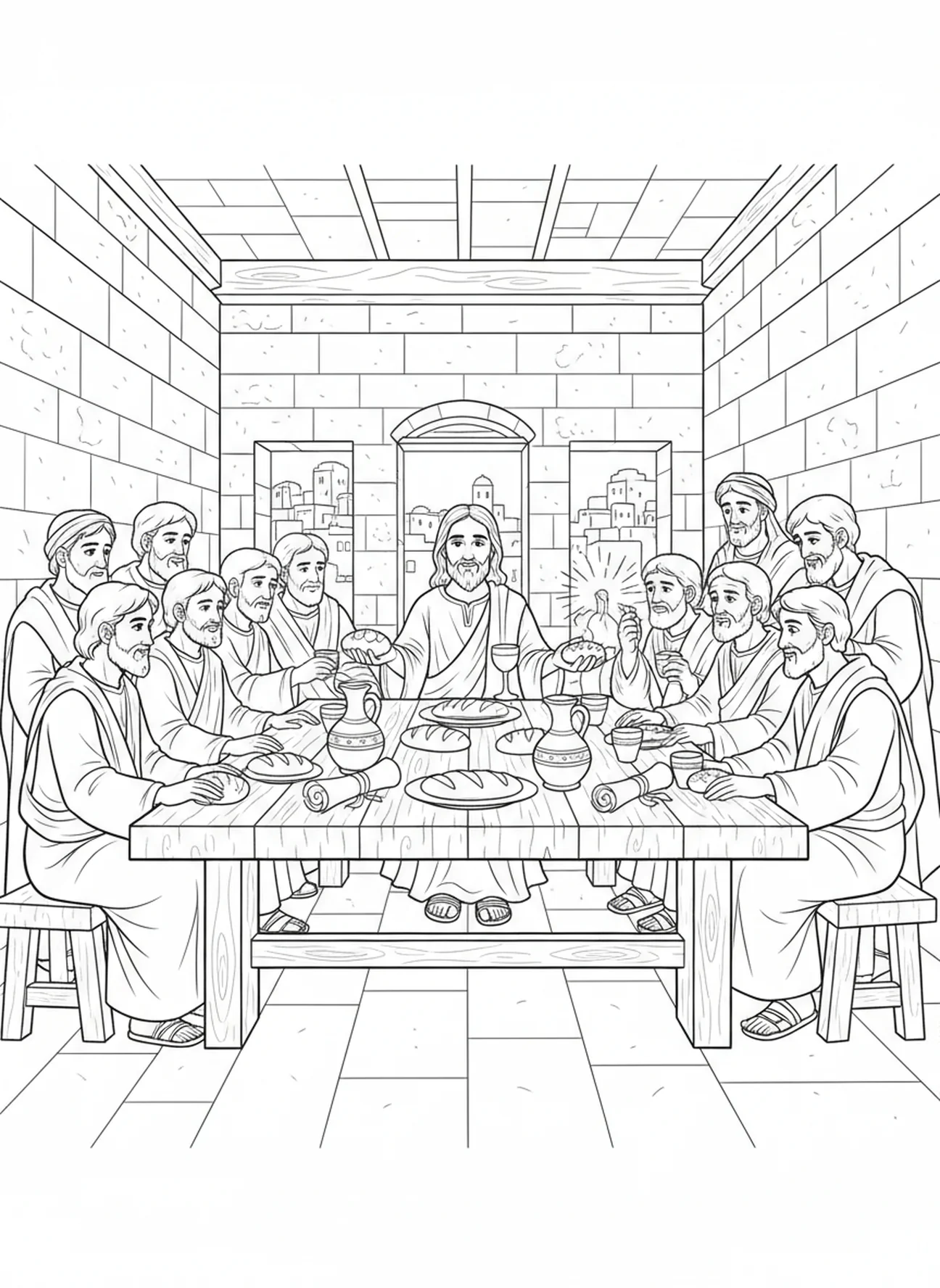 Disciples partageant du pain et du vin, page à colorier Jean 15:13 pour les enfants de l'École du dimanche âgés de 5 à 12 ans
