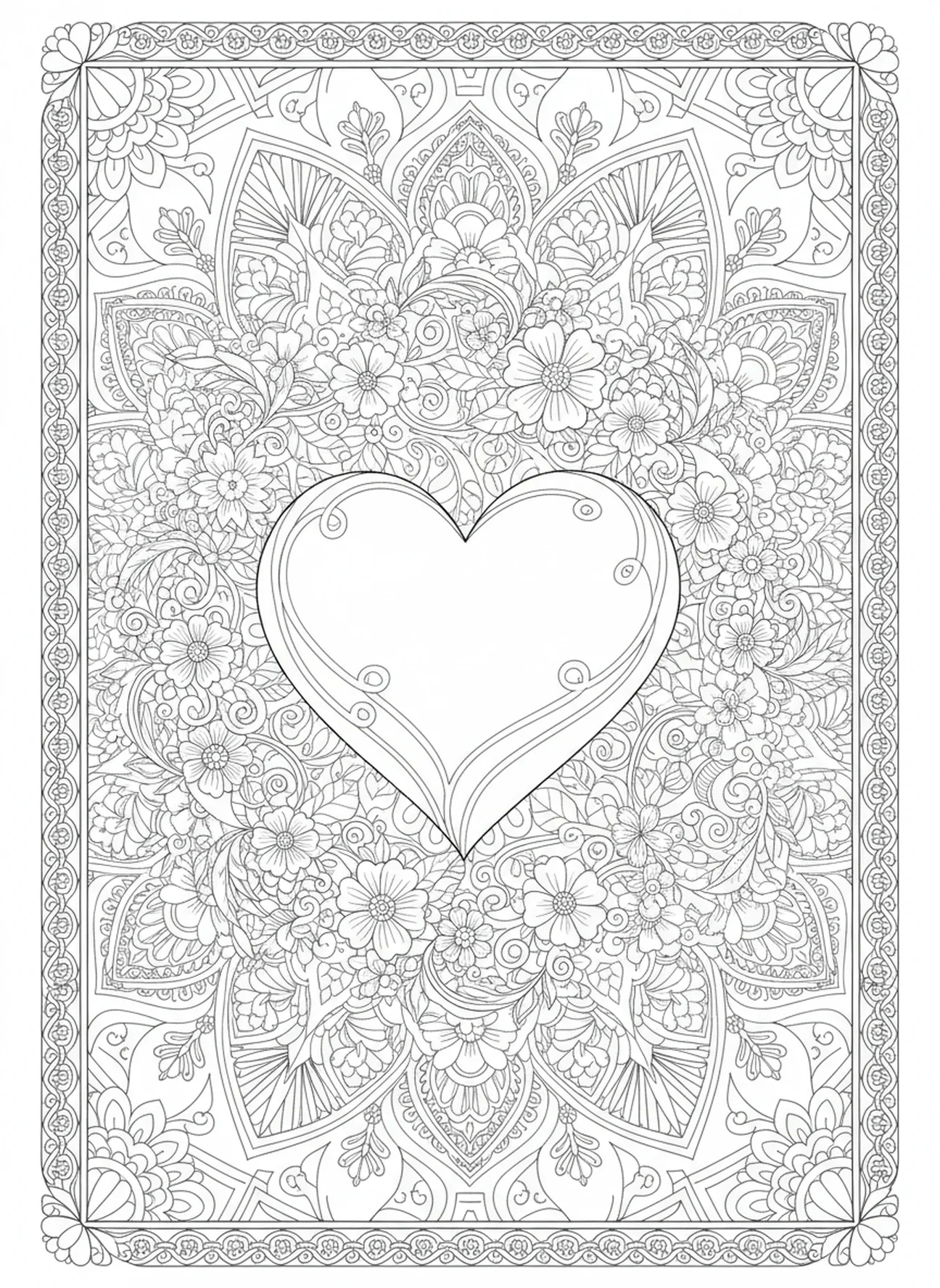 Coração cercado por uma coroa floral, página para colorir João 3:16 no estilo de journaling bíblico para adultos.
