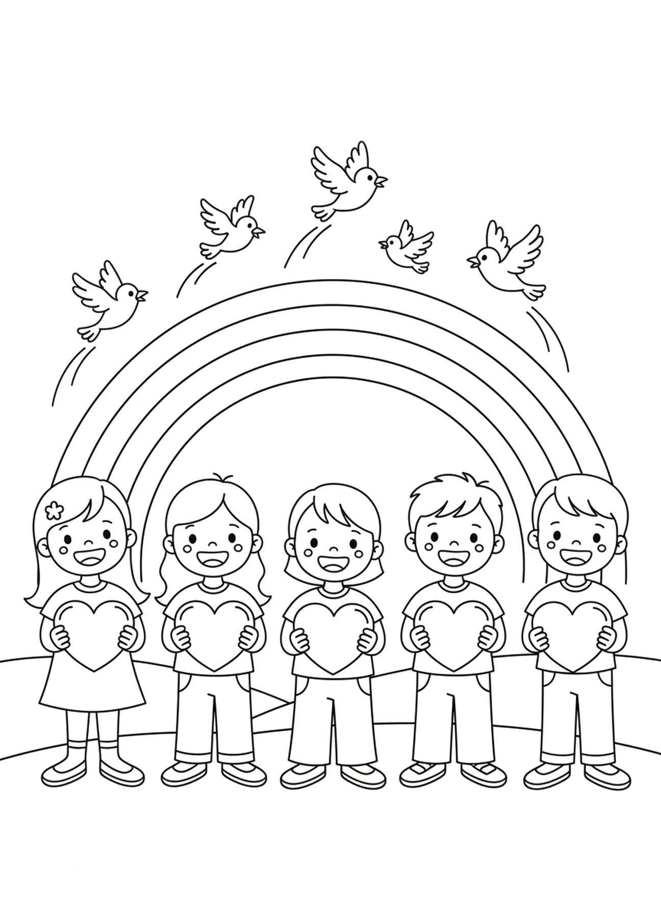 Niños felices con corazones, página para colorear de Juan 3:16 para niños de 5 a 10 años