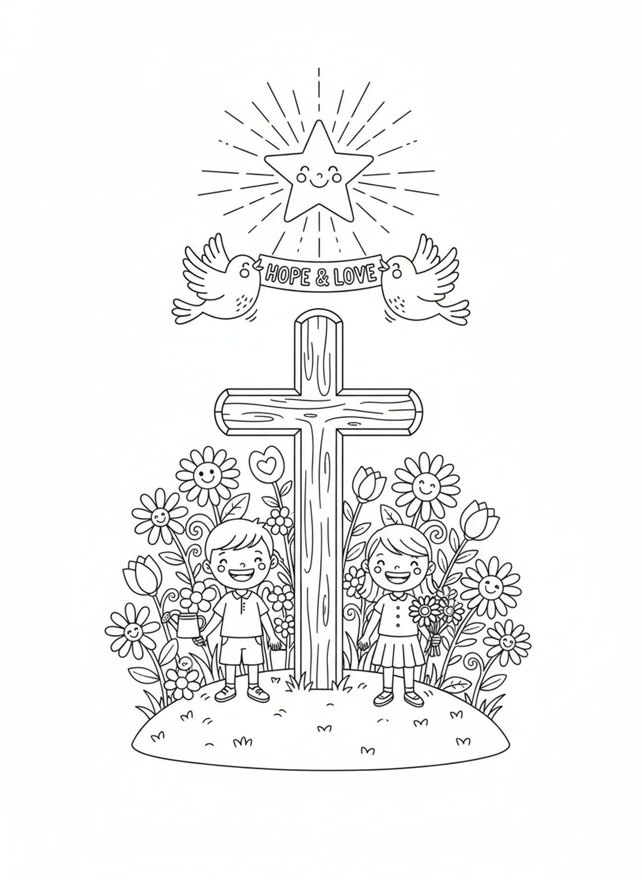 Gran cruz de madera con flores, página para colorear de Juan 3:16 para niños de 5 a 10 años