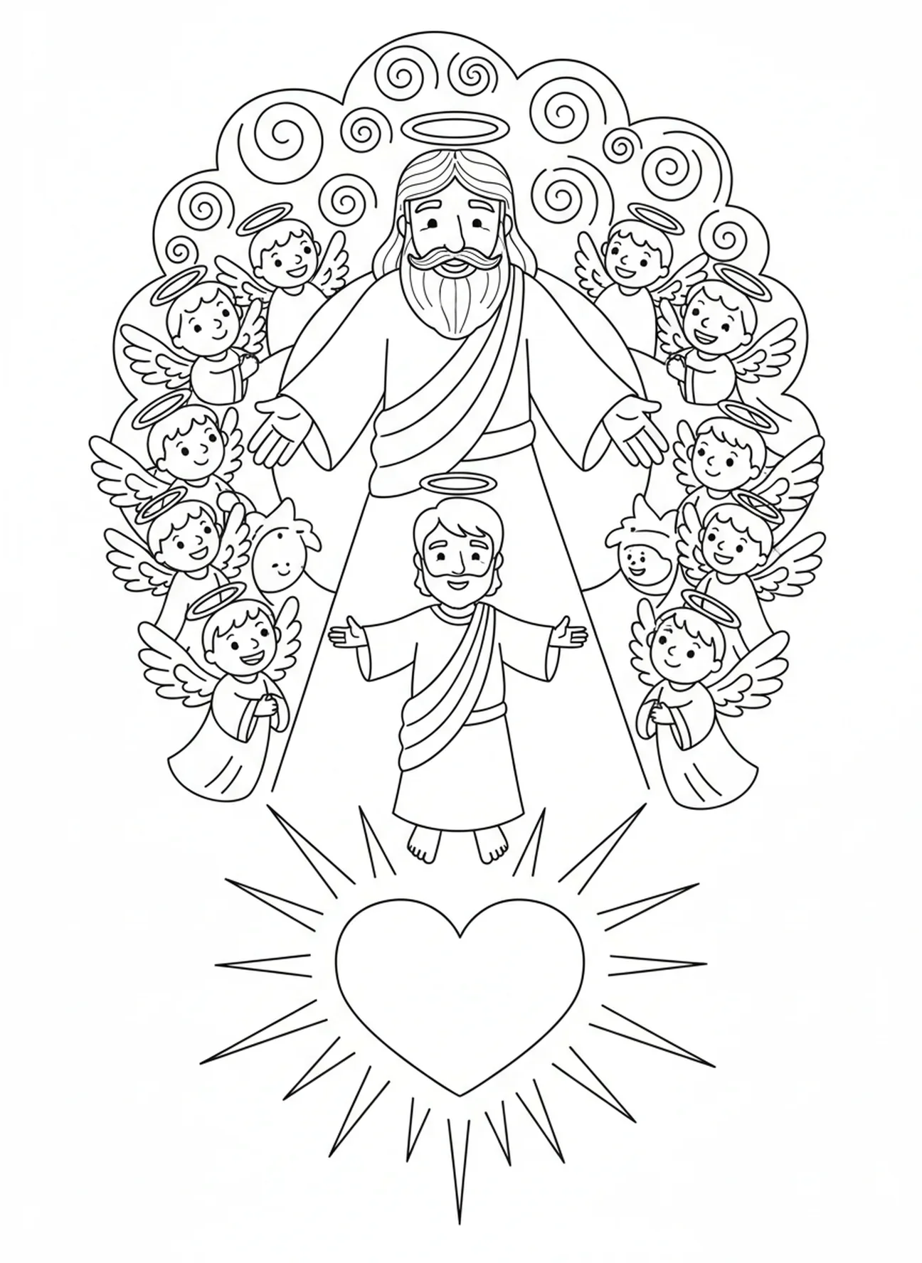 Dios extendiendo su mano desde las nubes, página para colorear de Juan 3:16 para niños de 5 a 10 años