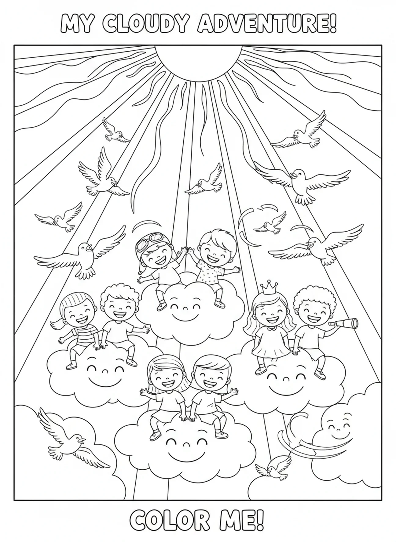 Niños montando en nubes, página para colorear de Juan 3:16 para niños de 5 a 10 años