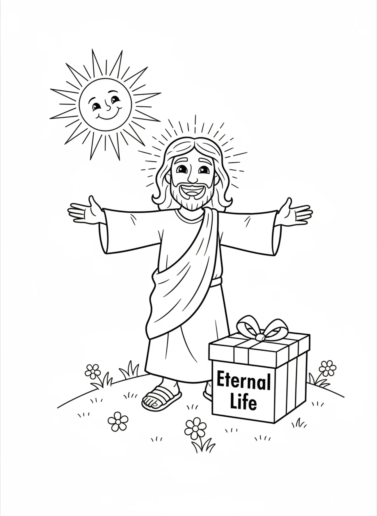Jesús con caja de regalo, página para colorear de Juan 3:16 para niños de 5 a 10 años