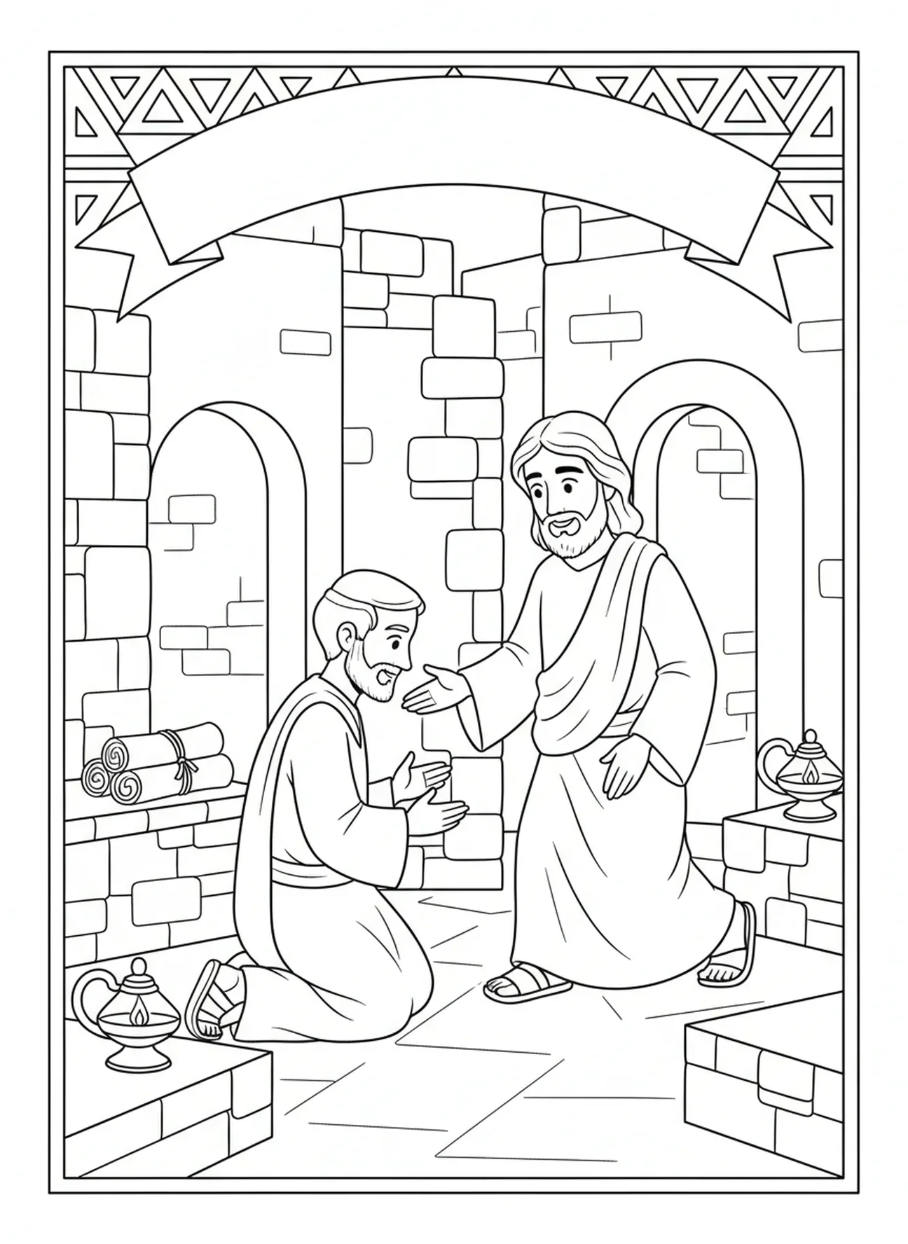Nicodème à genoux devant Jésus, page à colorier Jean 3:16 pour les enfants de l'École du dimanche âgés de 5 à 12 ans.