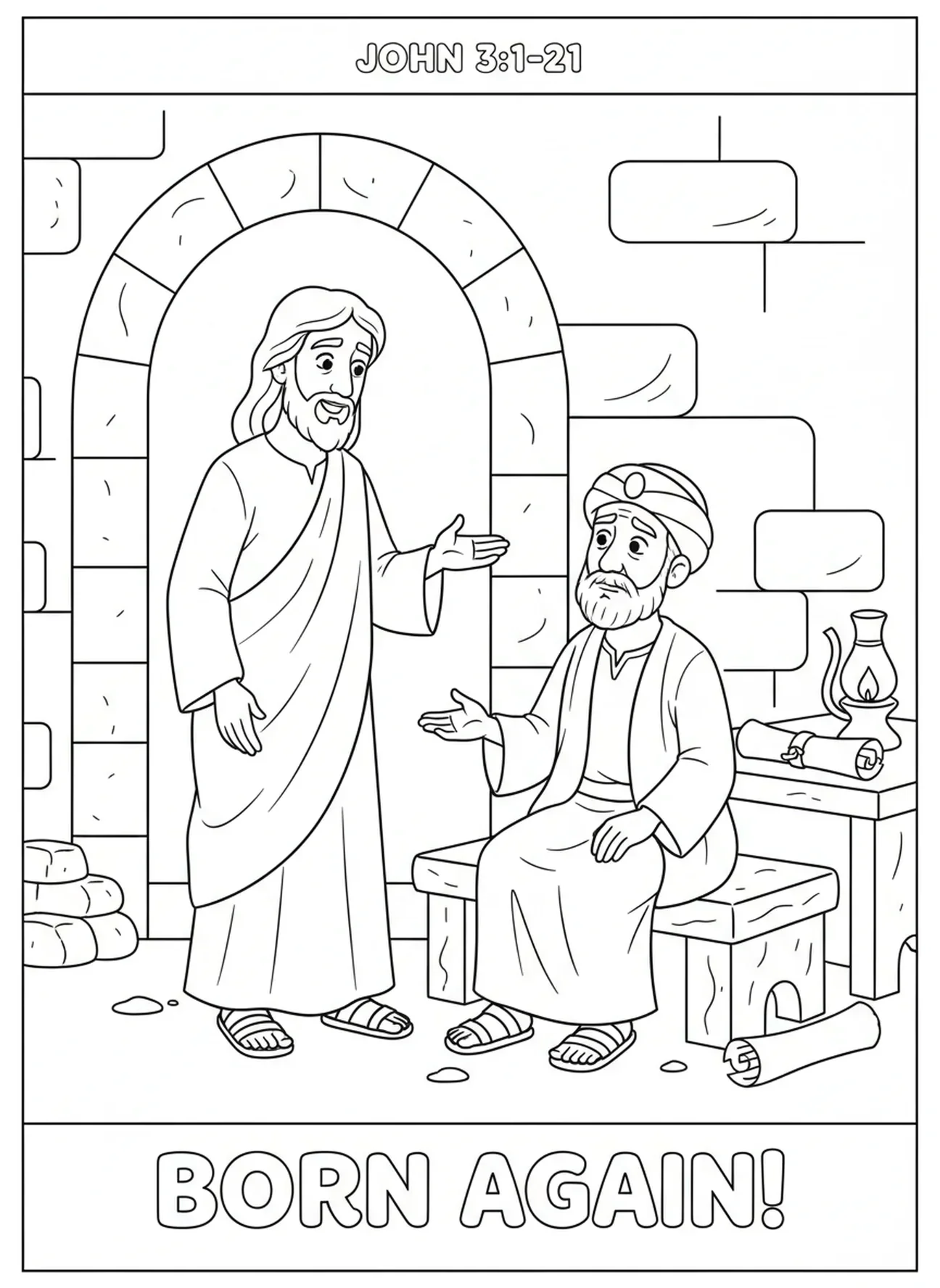Jésus expliquant le concept de la nouvelle naissance, page à colorier Jean 3:16 pour les enfants de l'École du dimanche âgés de 5 à 12 ans.
