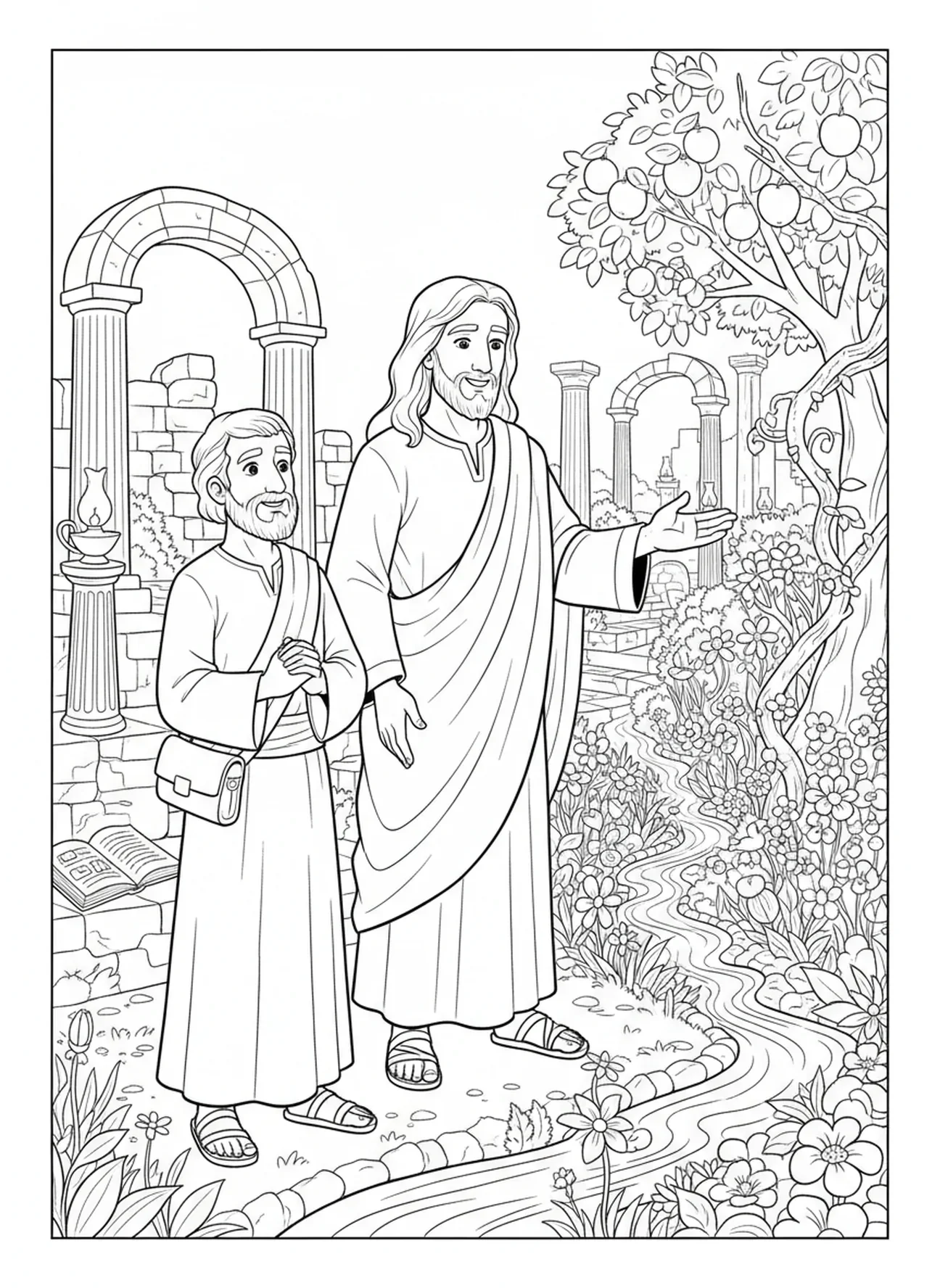 Jésus montrant un jardin, page à colorier Jean 3:16 pour les enfants de l'École du dimanche âgés de 5 à 12 ans.