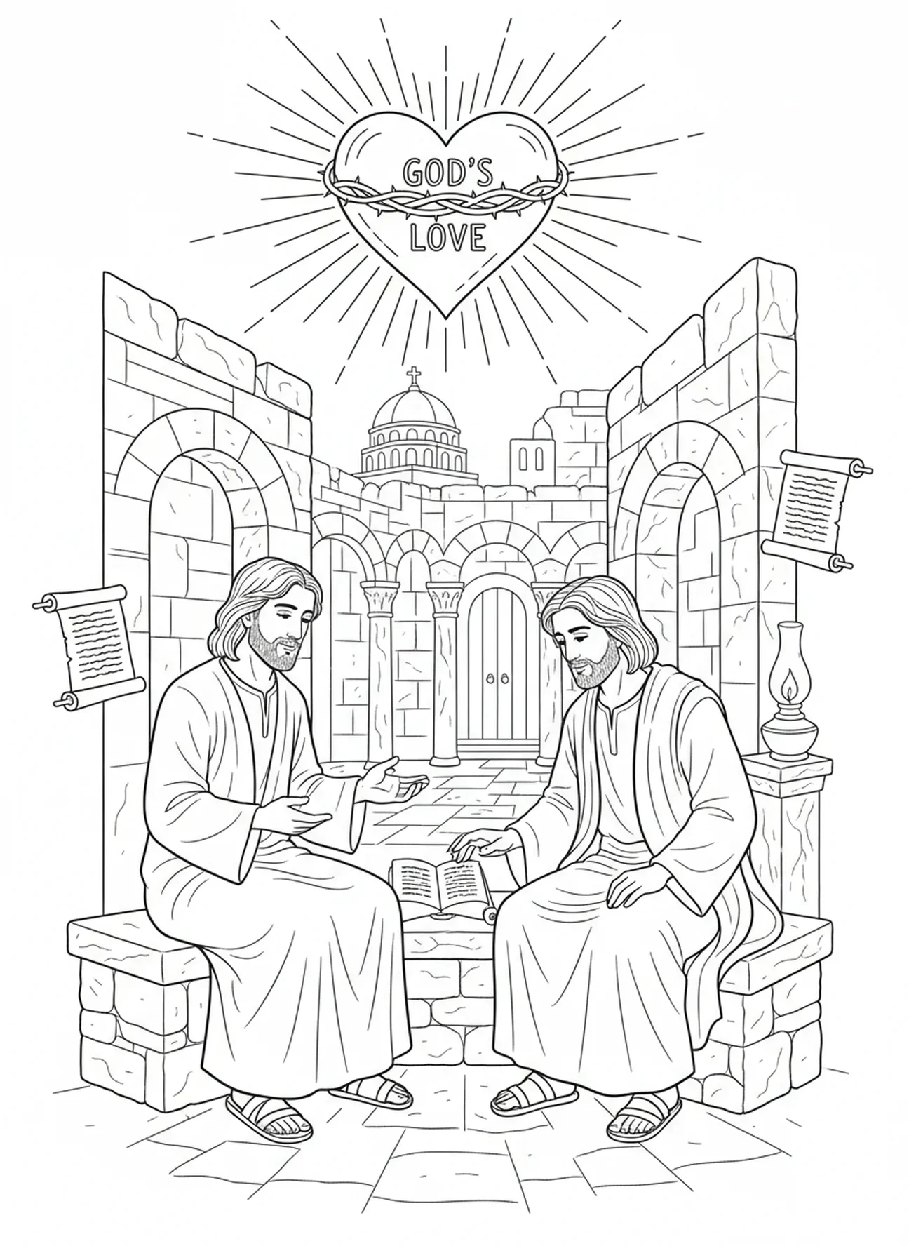 Cœur symbolisant l'amour de Dieu, page à colorier Jean 3:16 pour les enfants de l'École du dimanche âgés de 5 à 12 ans.