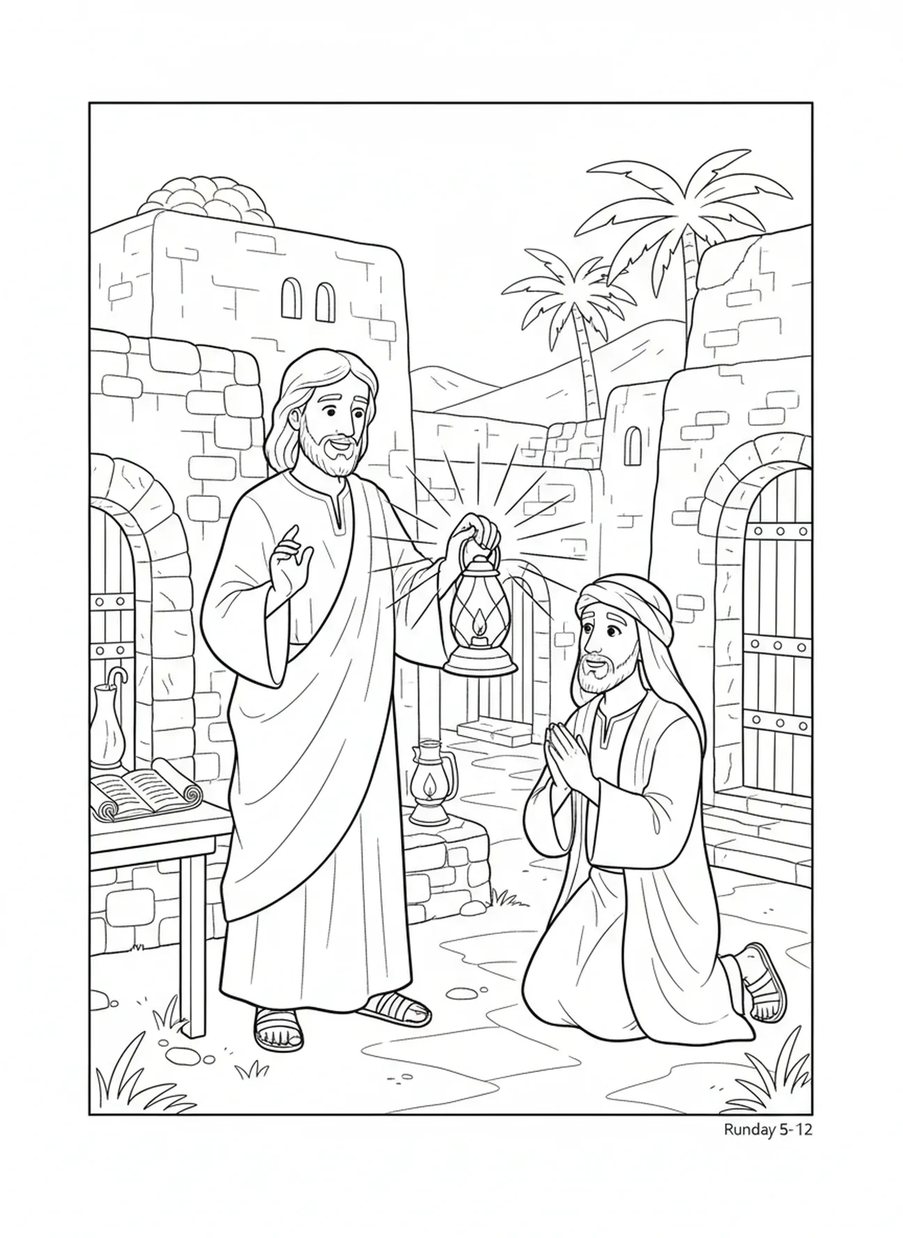 Jésus tenant une lampe lumineuse, page à colorier Jean 3:16 pour les enfants de l'École du dimanche âgés de 5 à 12 ans.