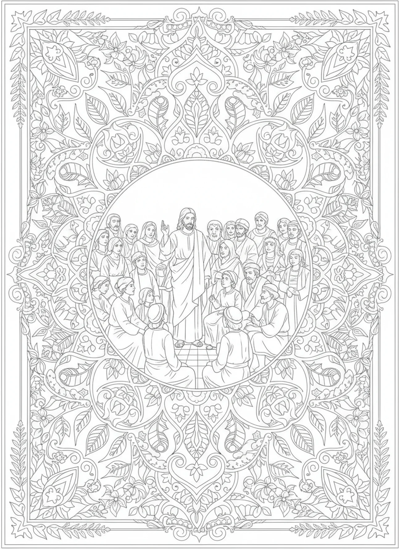 Jésus enseignant une foule, Jean 8:32 La vérité vous rendra libres page à colorier pour adultes dans un style de journal biblique