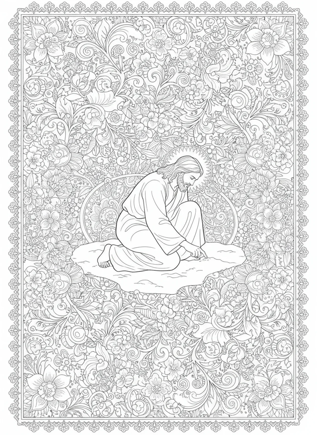 Jésus écrivant dans le sable, Jean 8:32 Vérité Page à colorier gratuite pour adultes dans le style du journal biblique