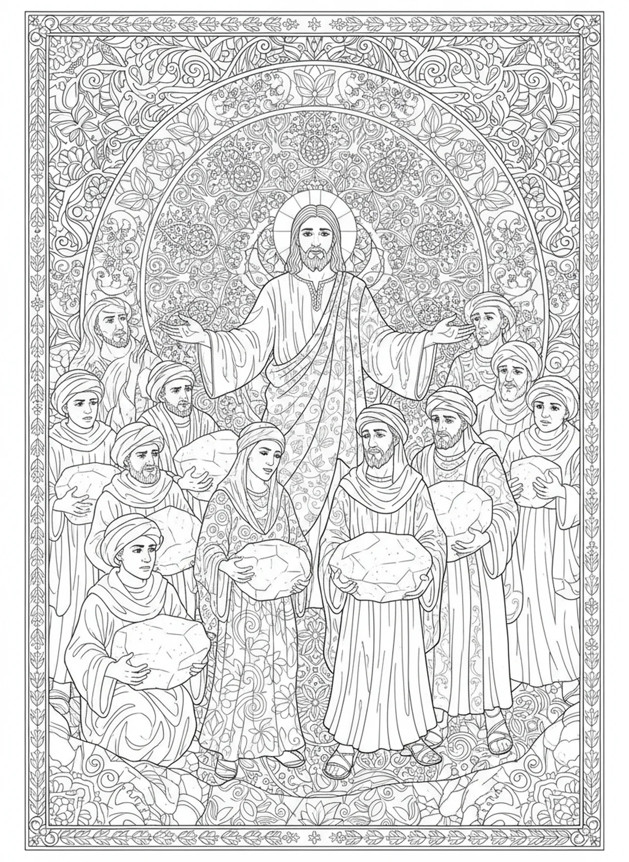Foule avec des pierres, Jean 8 32 Vérité Page à colorier gratuite pour adultes dans le style du journal biblique