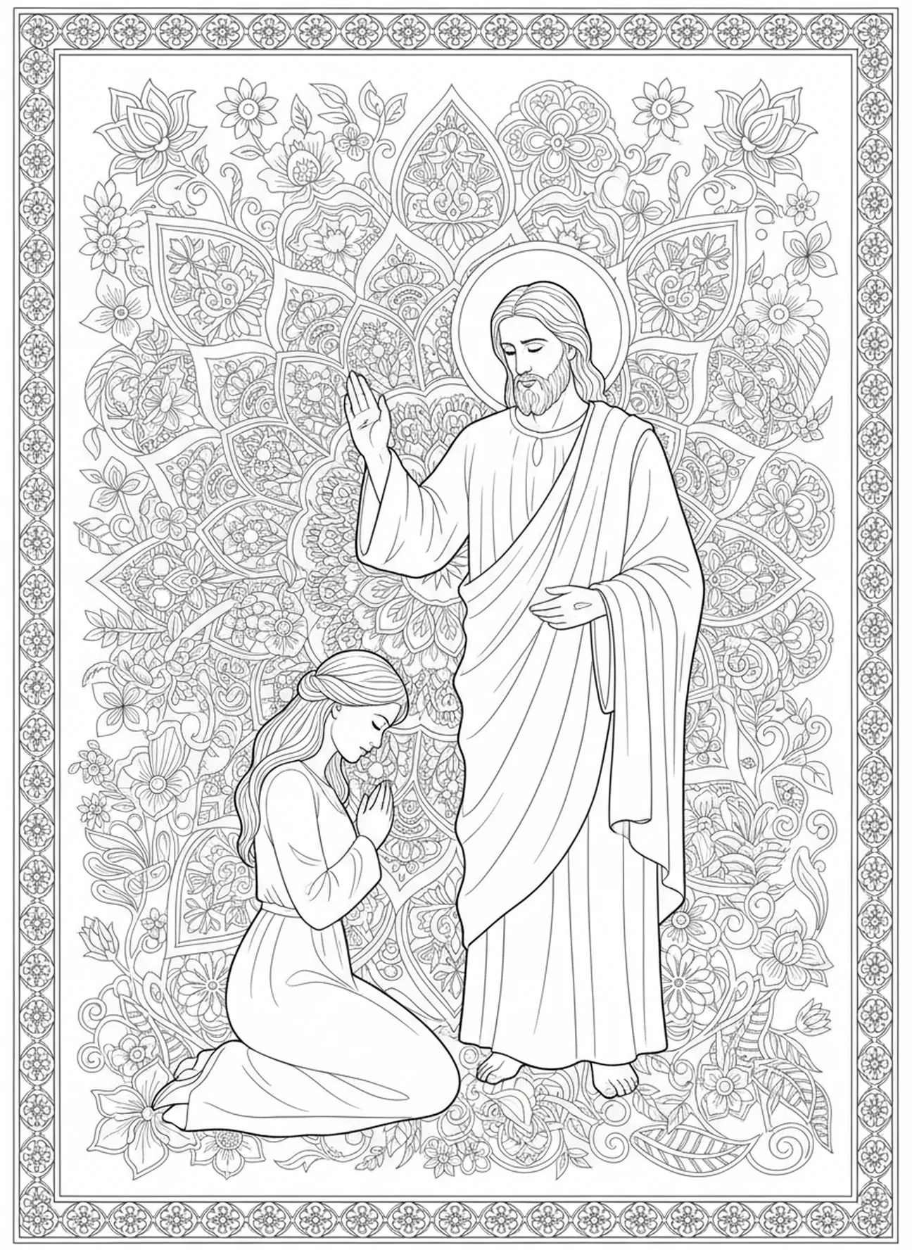 Femme à genoux devant Jésus, Jean 8:32 Vérité Page à colorier gratuite pour adultes, style journal biblique