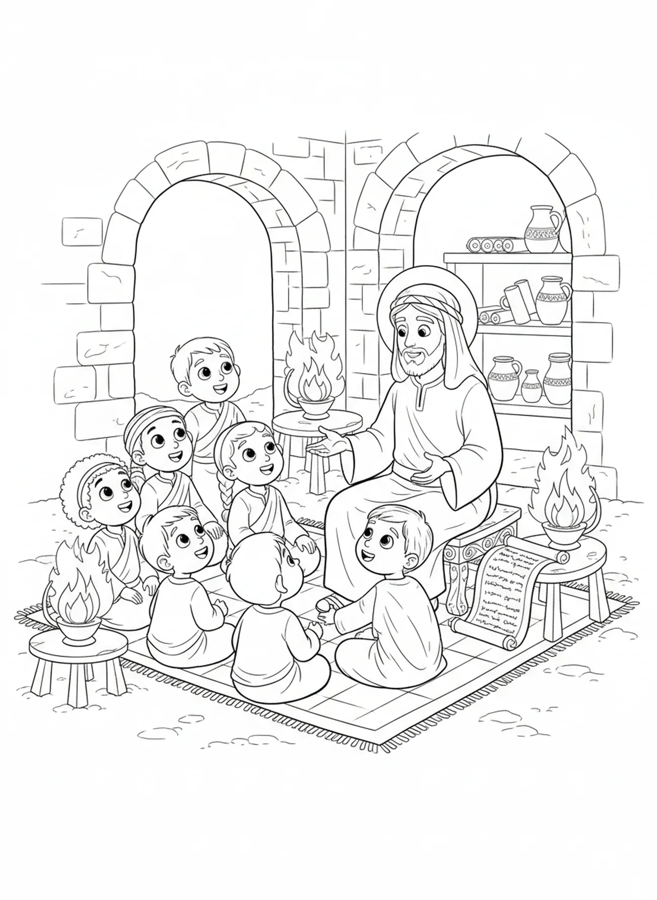 Enfants écoutant Jésus, Jean 8:32 Page à colorier gratuite pour l'École du dimanche, enfants de 5 à 12 ans.