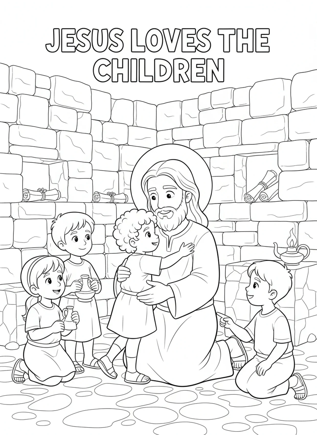 Jésus étreignant un enfant, Jean 8:32 Vérité Page à colorier gratuite pour l'École du dimanche enfants de 5 à 12 ans.