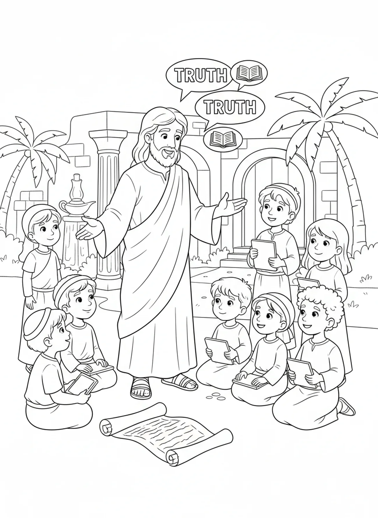 Jésus expliquant la vérité, Jean 8:32 Page à colorier gratuite pour l'École du dimanche enfants de 5 à 12 ans.