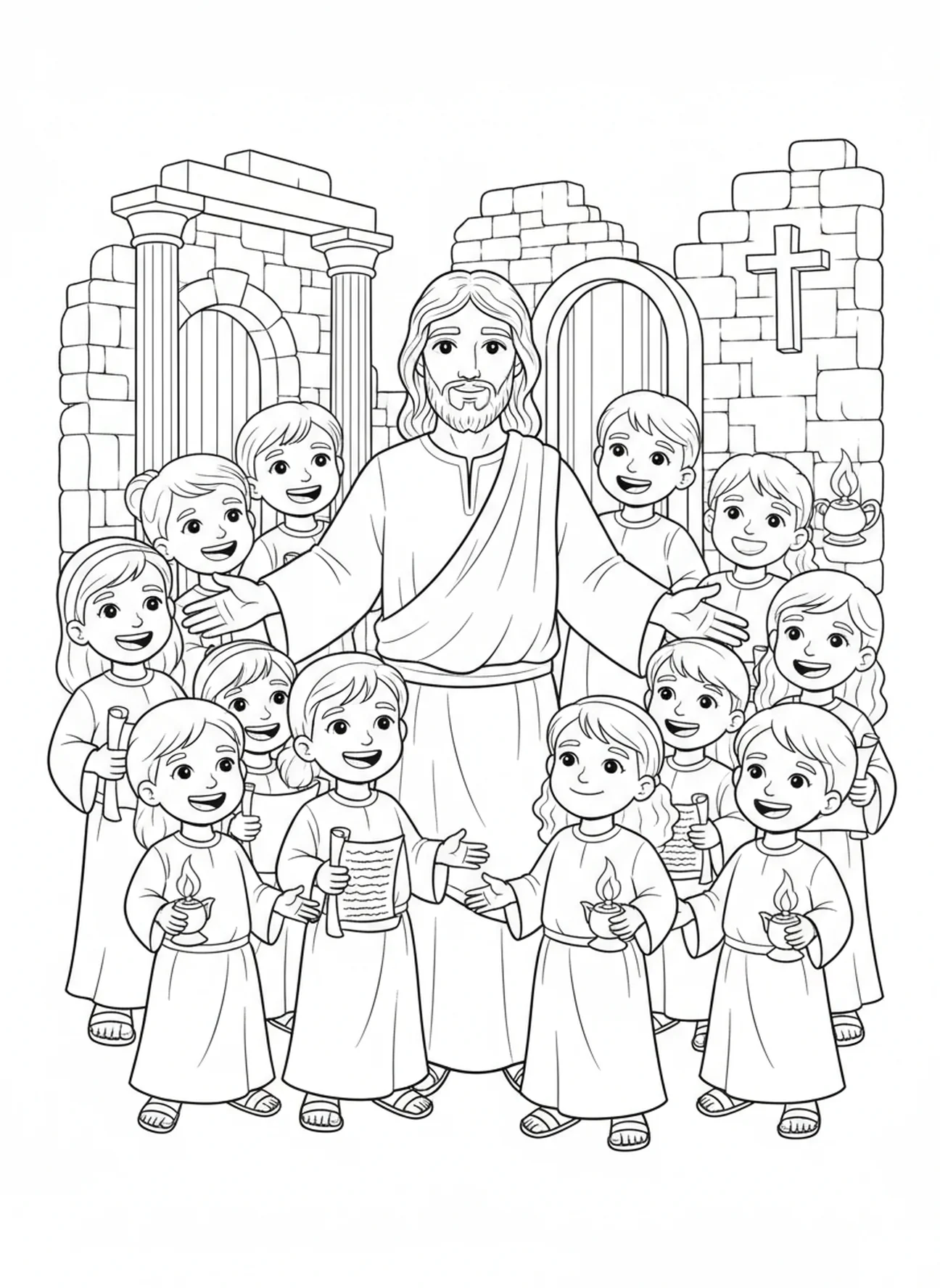 Jésus entouré d'enfants joyeux, Jean 8:32 La Vérité Page à colorier gratuite pour l'École du dimanche enfants de 5 à 12 ans.