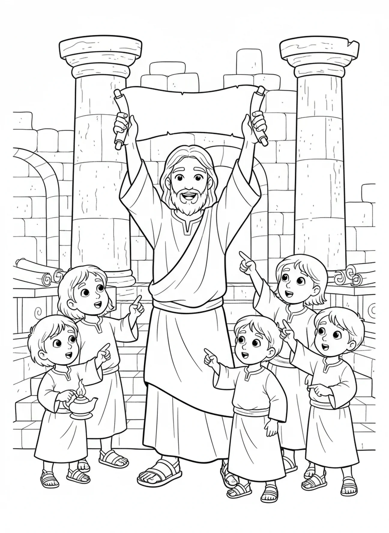 Jésus tenant un rouleau, Jean 8:32 La vérité. Page à colorier pour les enfants de l'École du dimanche âgés de 5 à 12 ans.