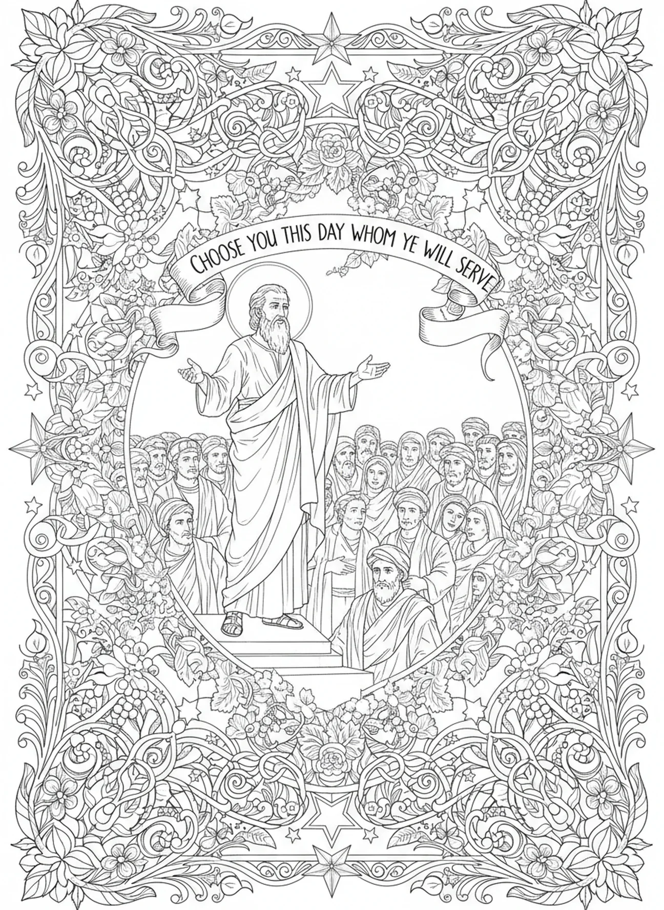 Le vieux Josué parlant, page à colorier Josué 24:15 pour adultes dans un style de journal biblique.