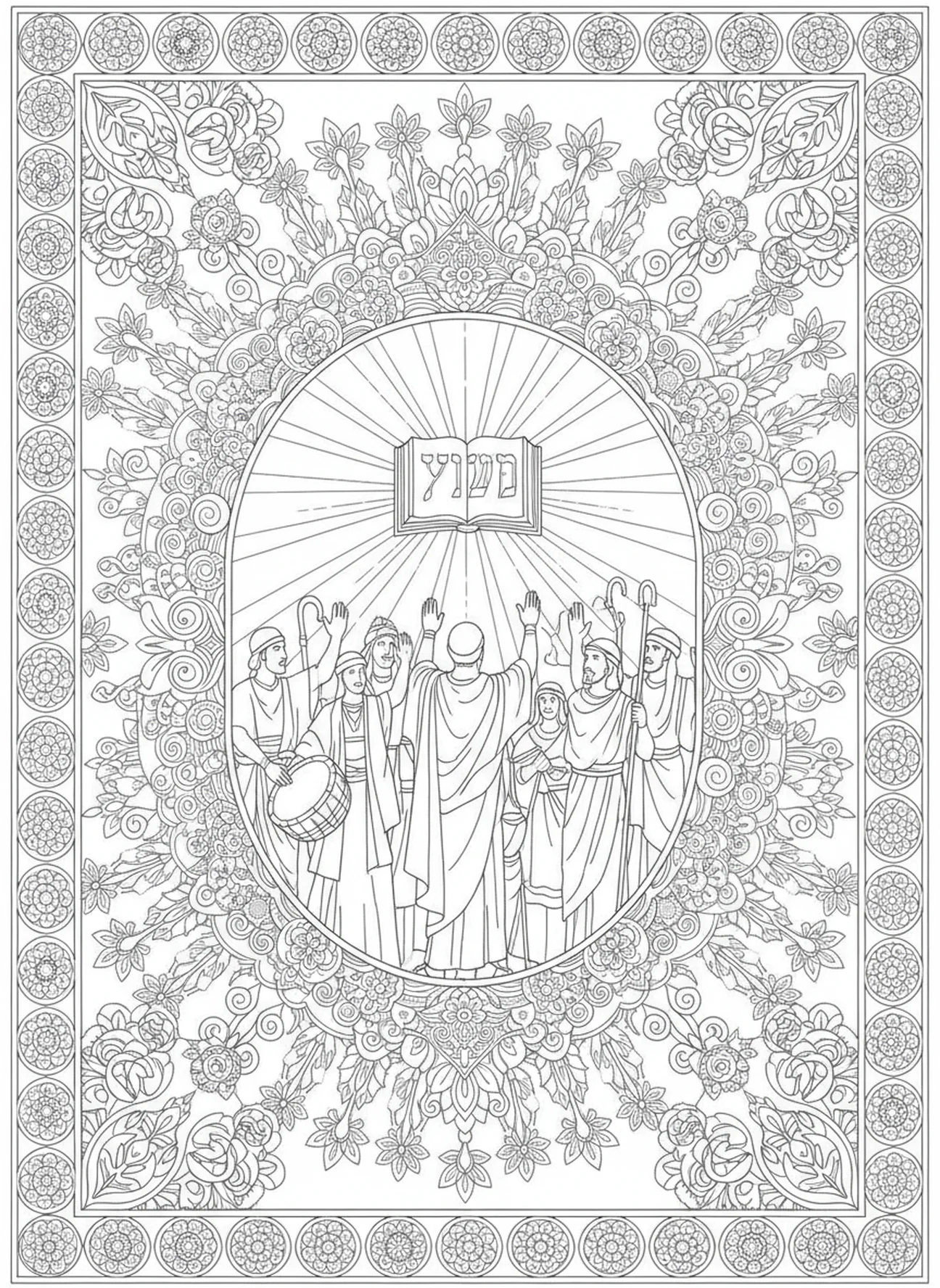 Israélites affirmant leur foi, page à colorier Josué 24:15 pour adultes dans un style de journal biblique.