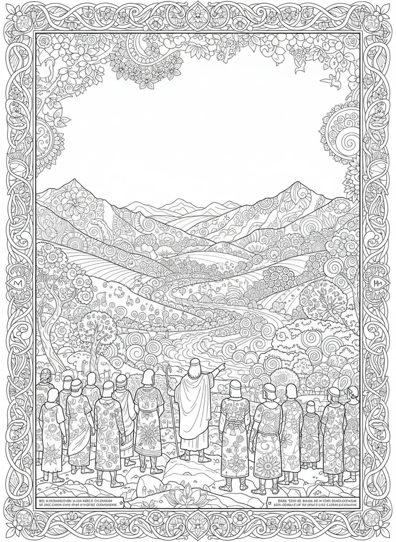 Josué avec les Israélites dans la Terre Promise, page à colorier pour adultes dans le style du journal biblique, Josué 24:15.