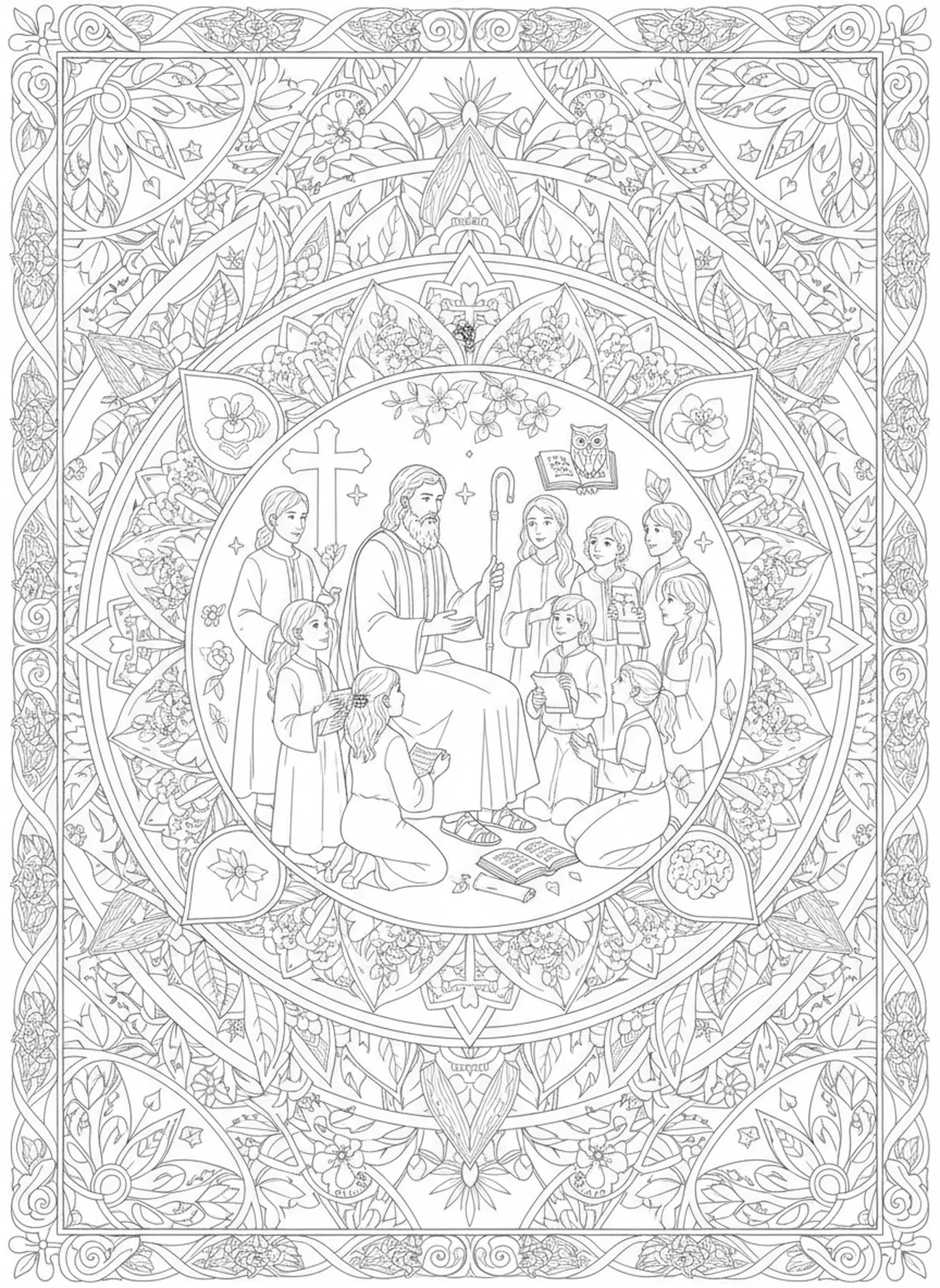 Josué enseignant aux générations futures, page à colorier Josué 24:15 dans un style de journal biblique pour adultes.