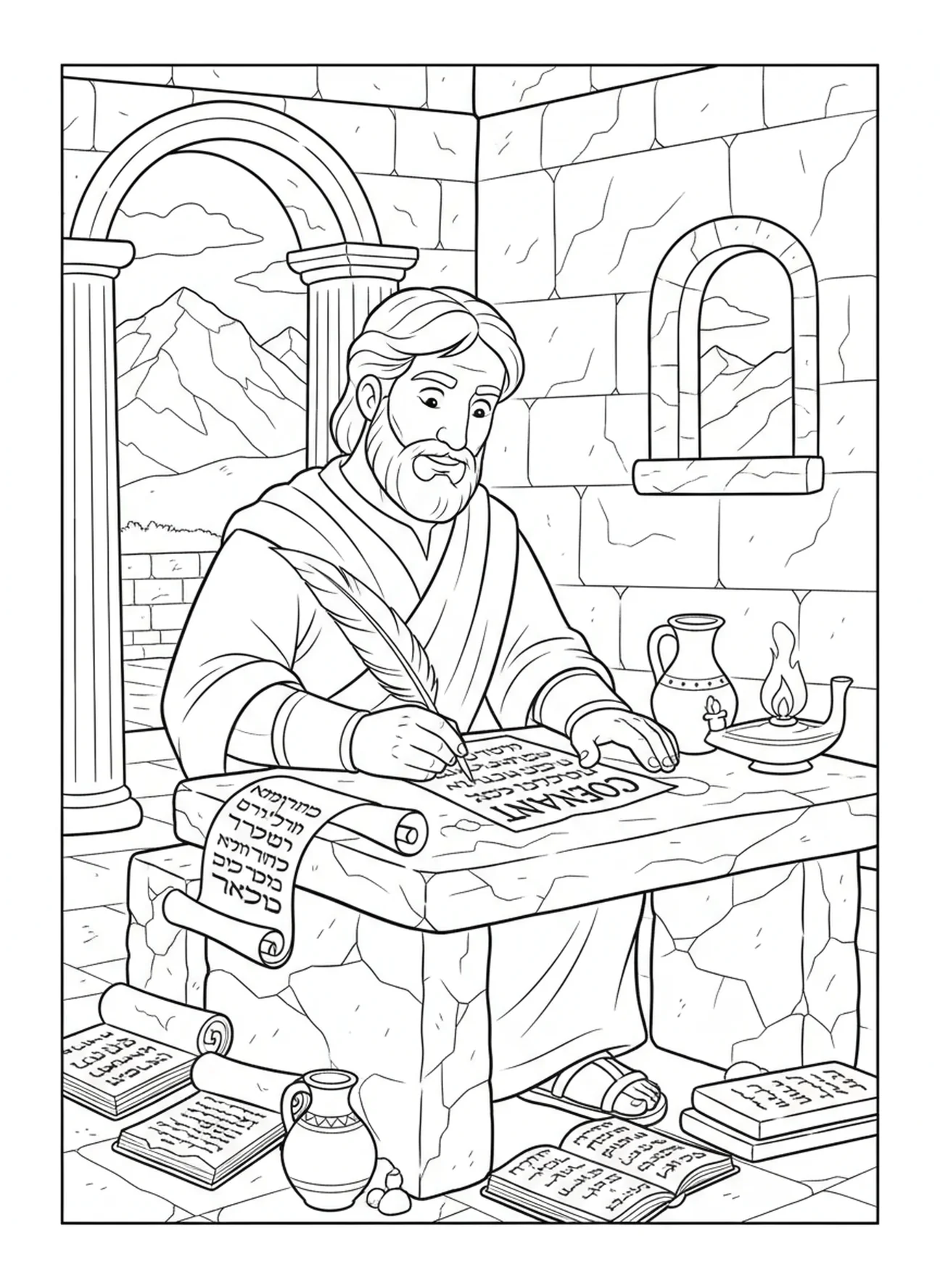 Josué écrivant l'alliance, page à colorier Josué 24:15 pour les enfants de l'École du dimanche âgés de 5 à 12 ans
