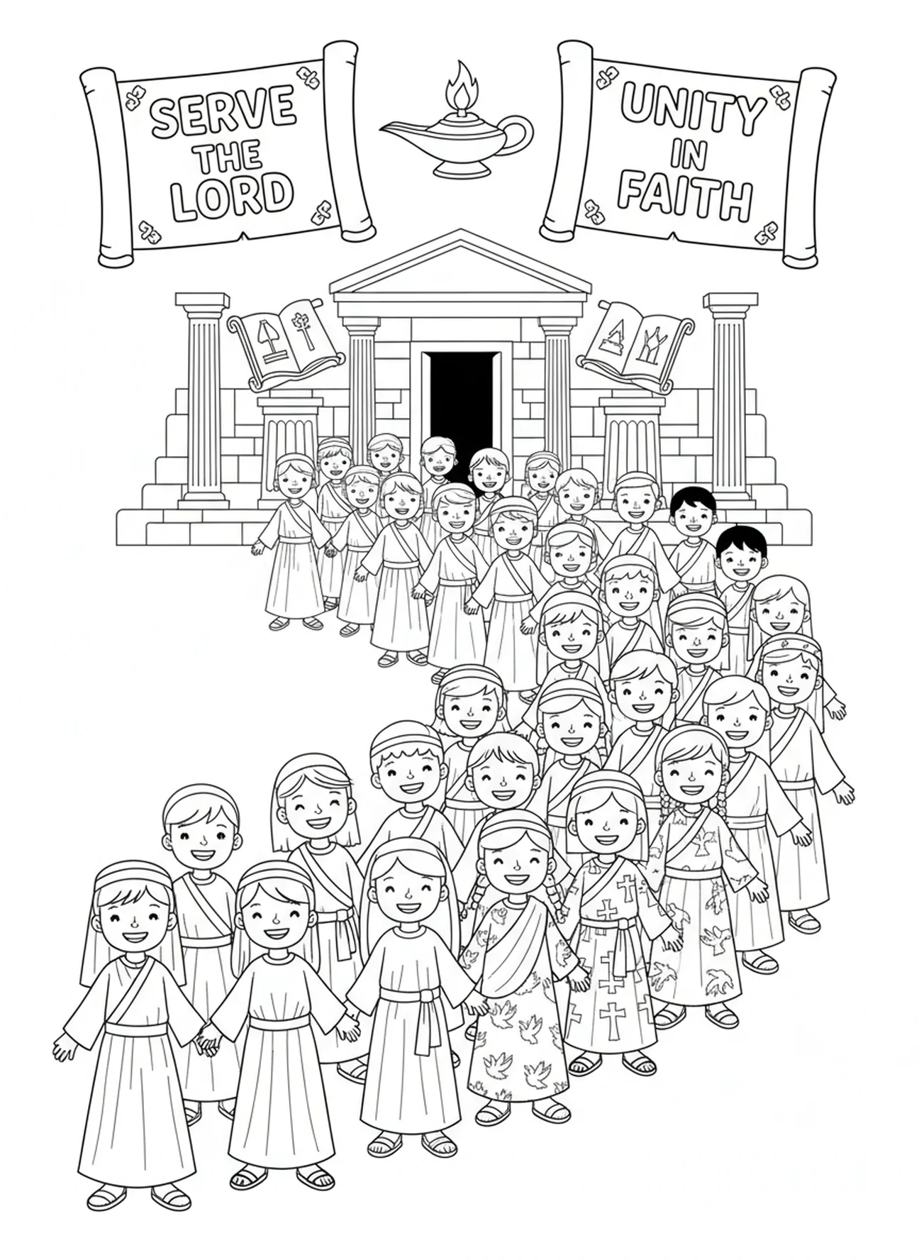 Foule s'engageant envers le Seigneur, Josué 24:15 page à colorier pour les enfants de l'École du dimanche âgés de 5 à 12 ans