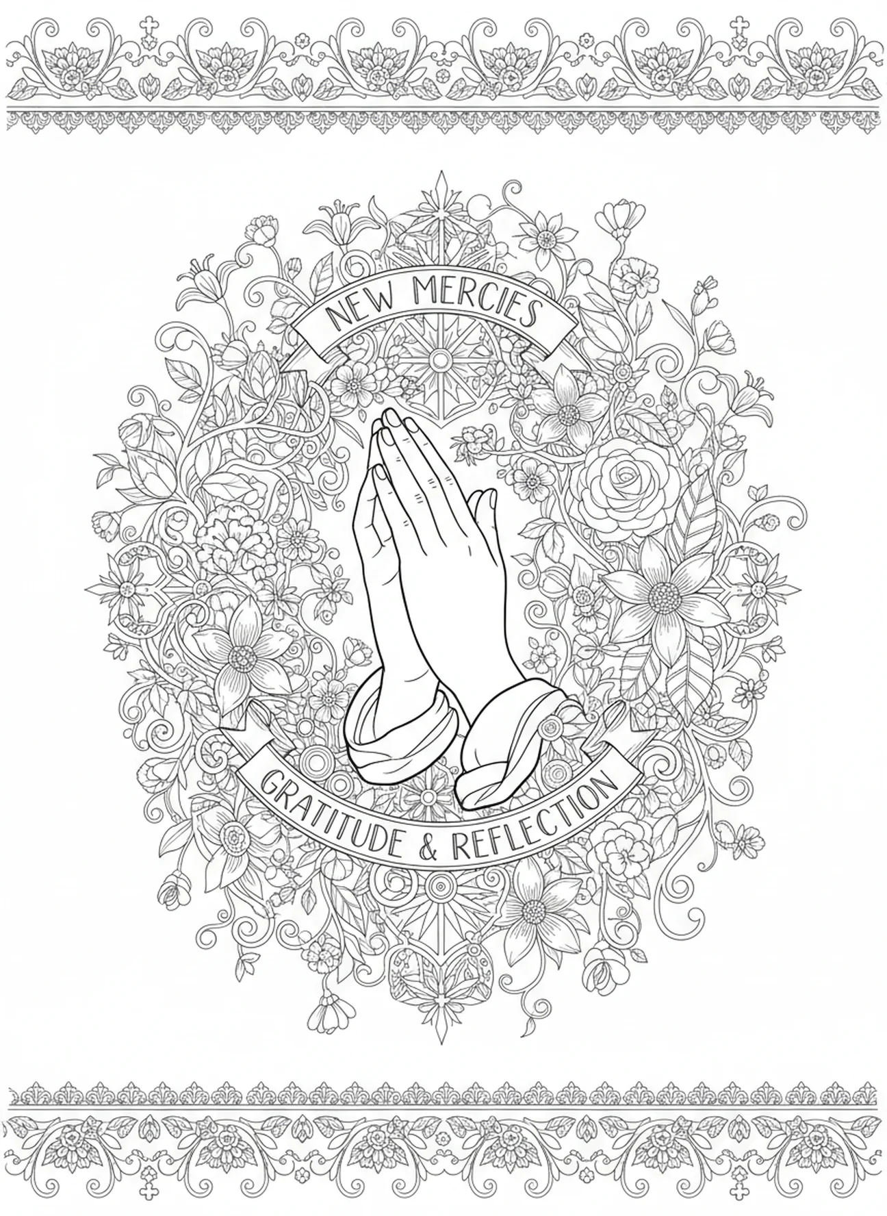 Mains levées en prière, Lamentations 3:22 page à colorier pour adultes dans le style du journal biblique.